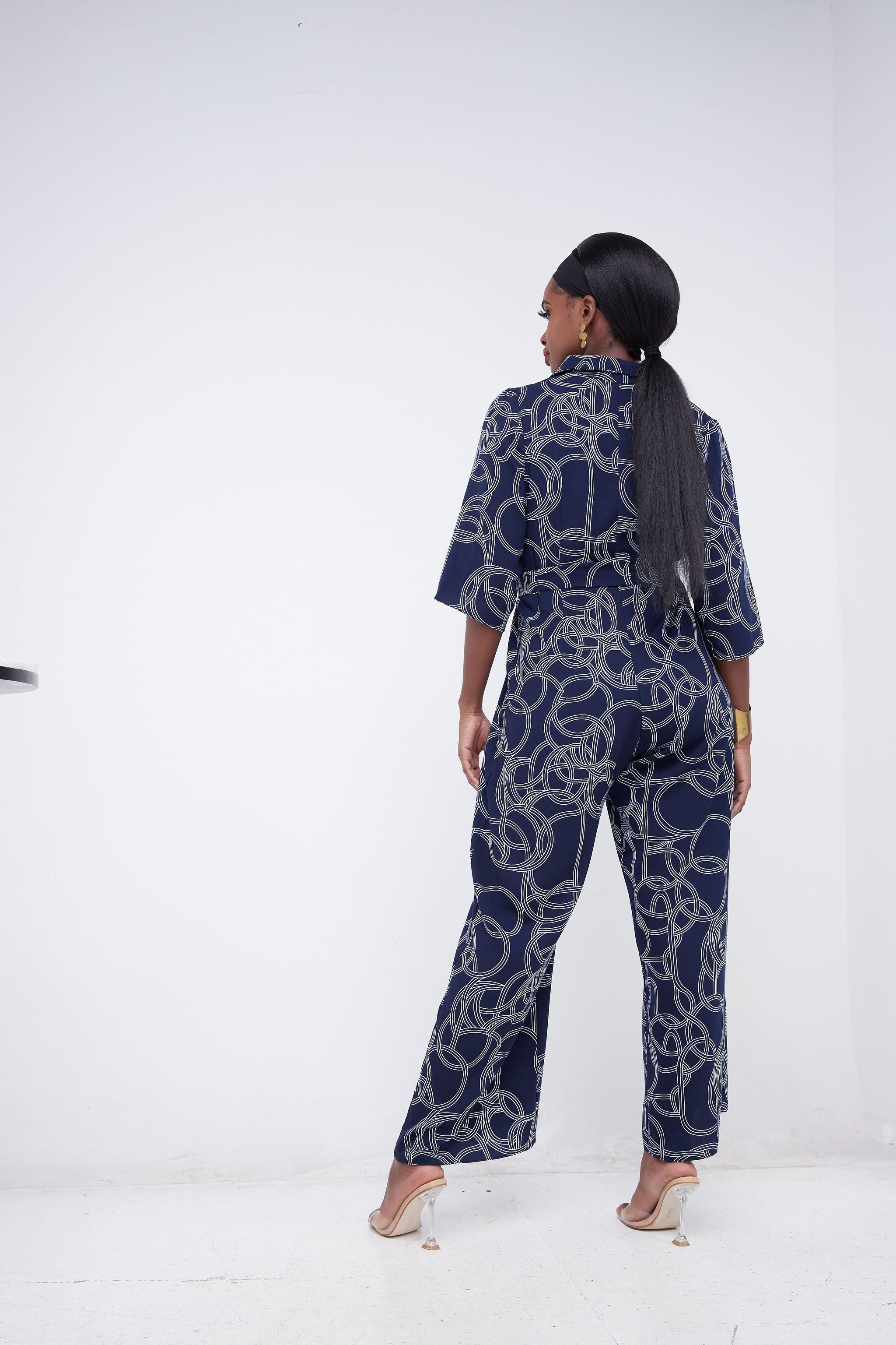 Vivo Pesi Lapel Jumpsuit - Navy Blue / White Geometric Print