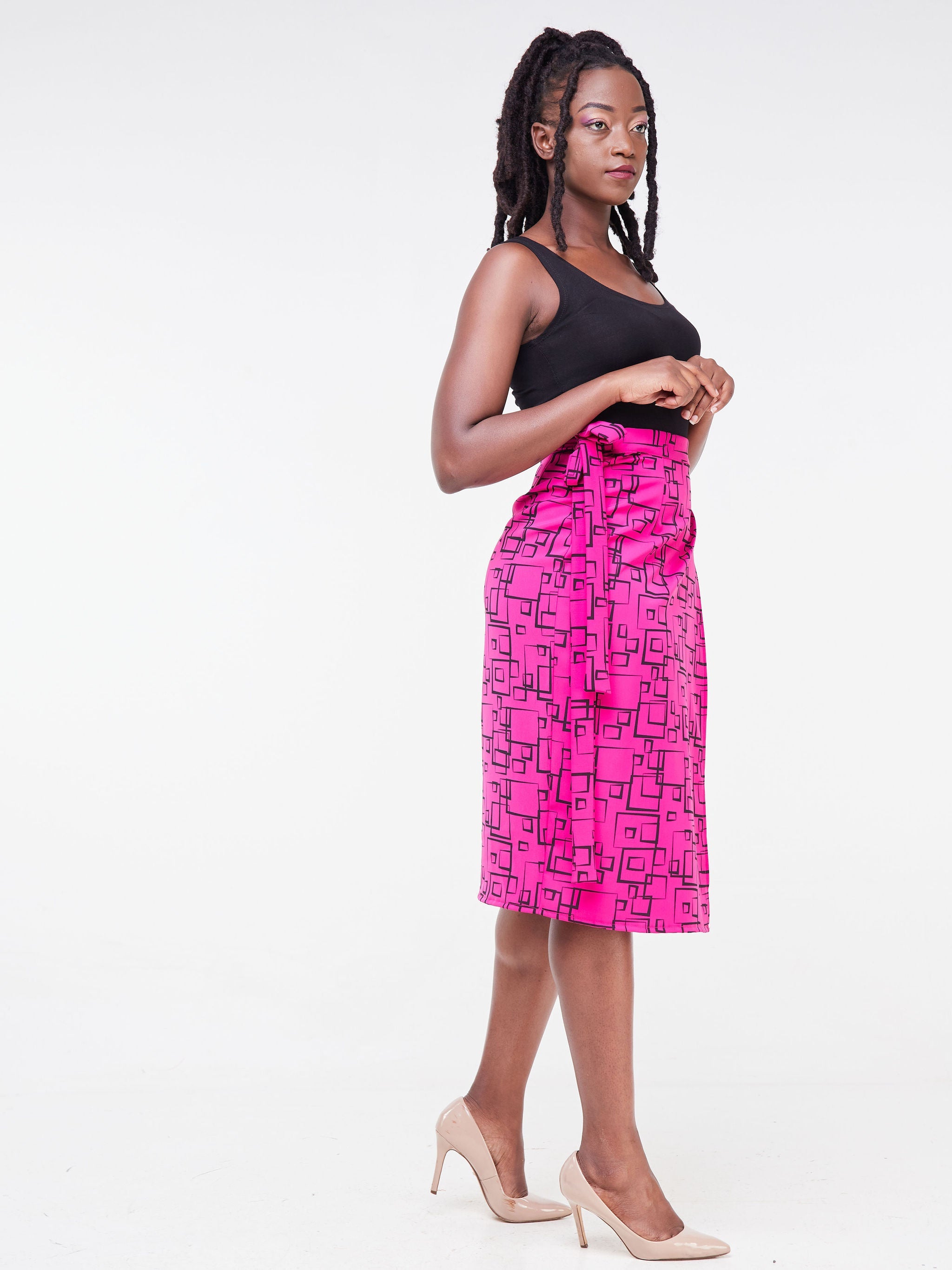 Vivo Fahari Wrap Pencil Skirt - Pink Geometric Print