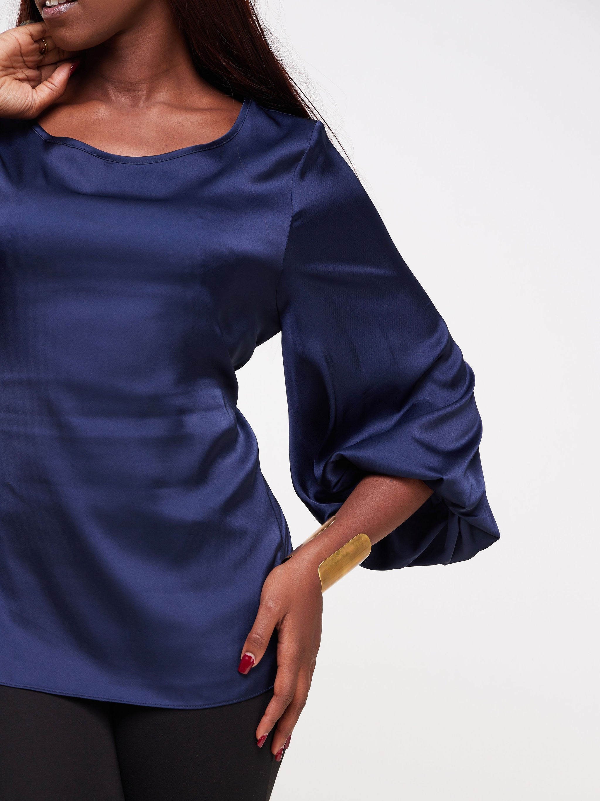 Vivo Basic Izzy Satin Bishop Sleeve Top - Navy Blue