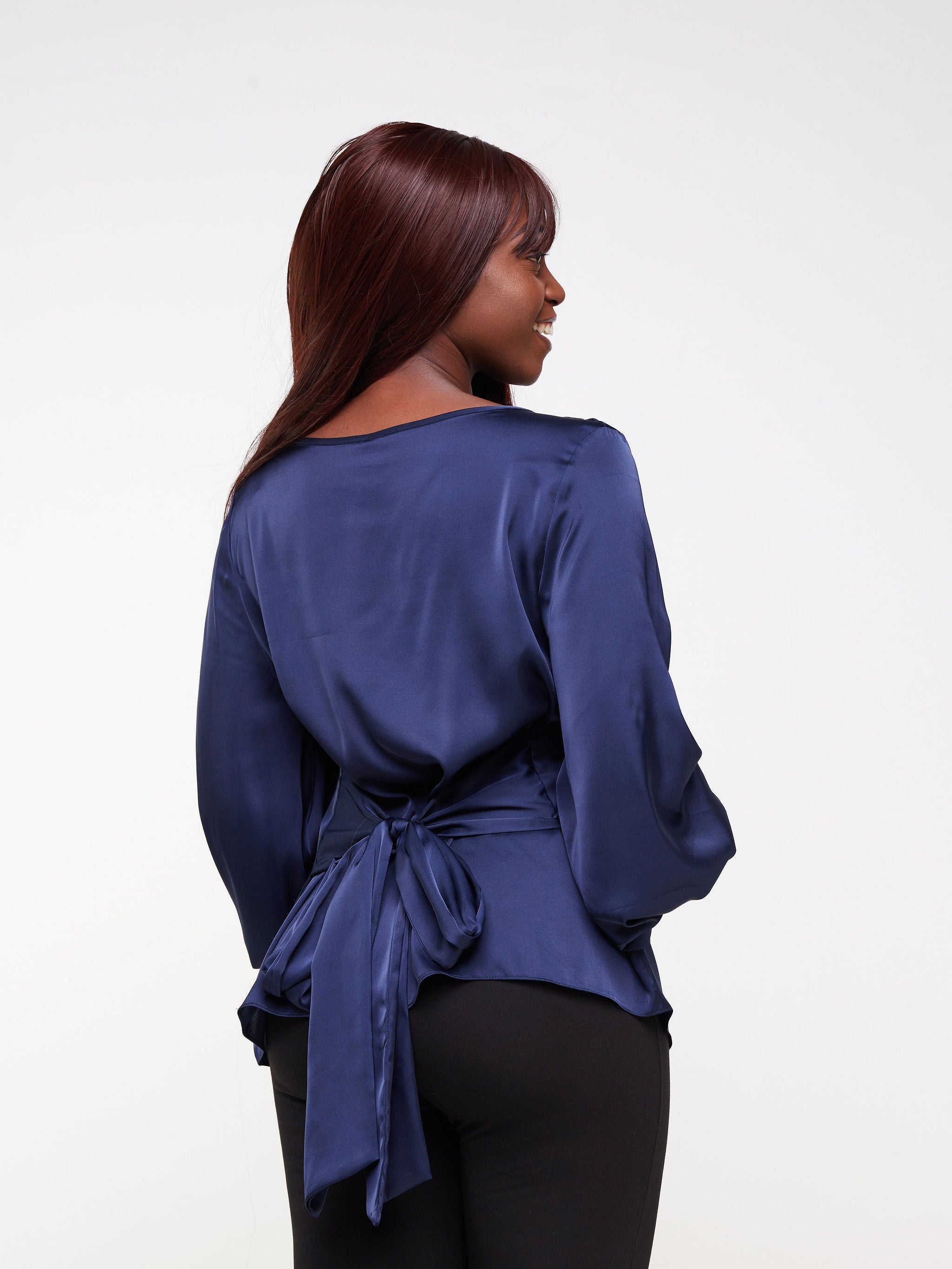 Vivo Basic Izzy Satin Bishop Sleeve Top - Navy Blue