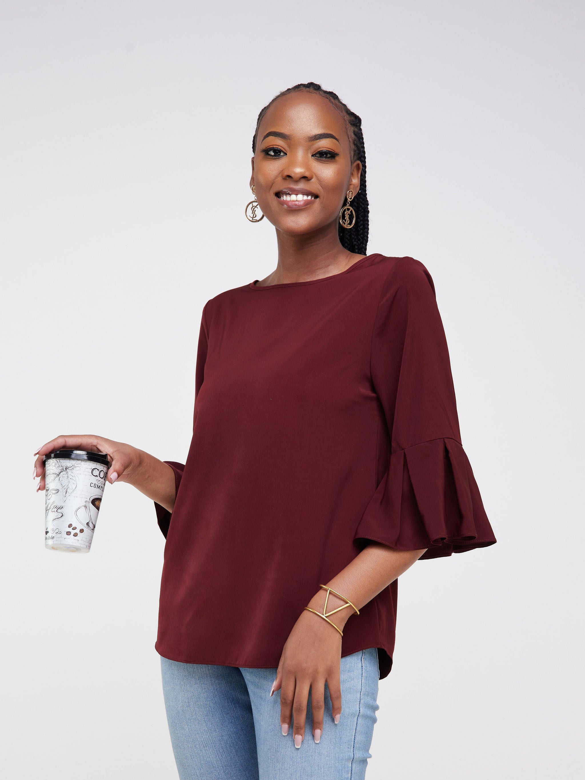 Vivo Zawadi Pleated Sleeve Top - Maroon