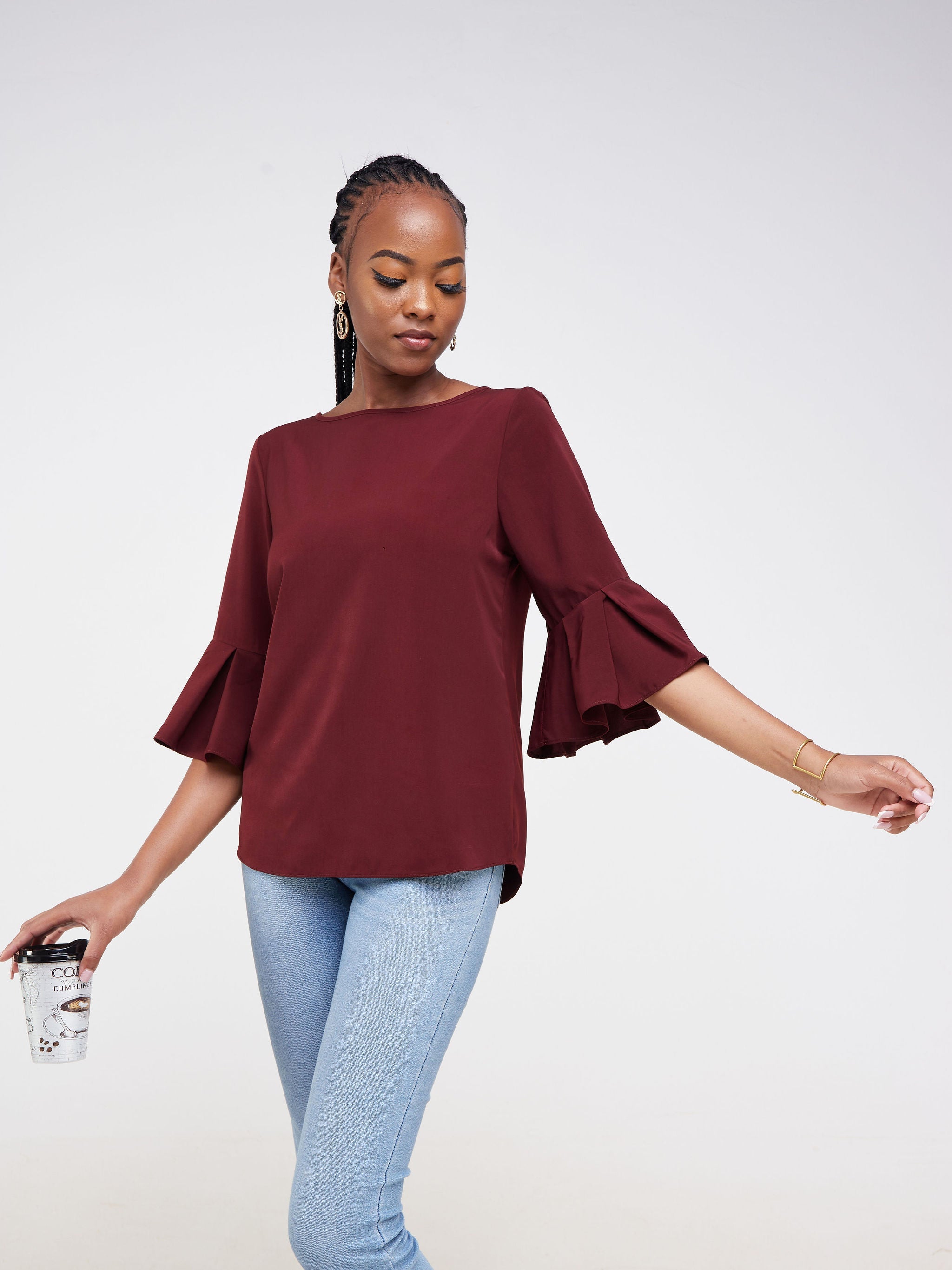 Vivo Zawadi Pleated Sleeve Top - Maroon