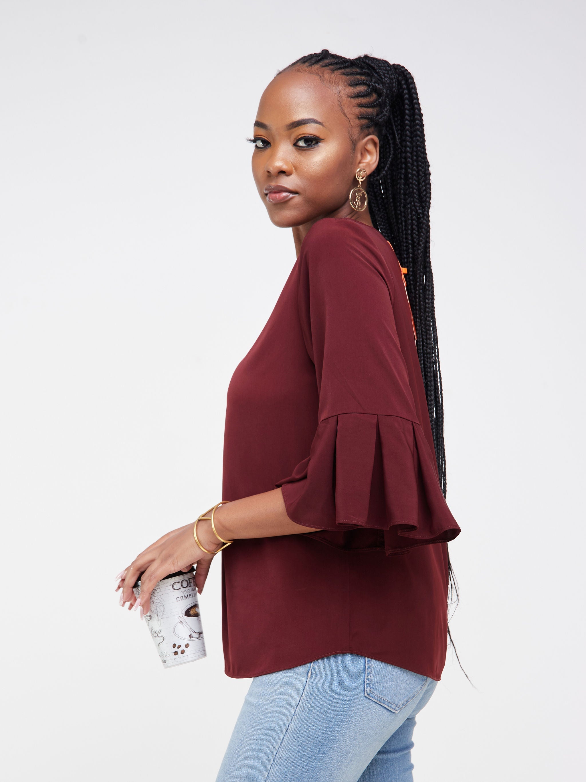 Vivo Zawadi Pleated Sleeve Top - Maroon