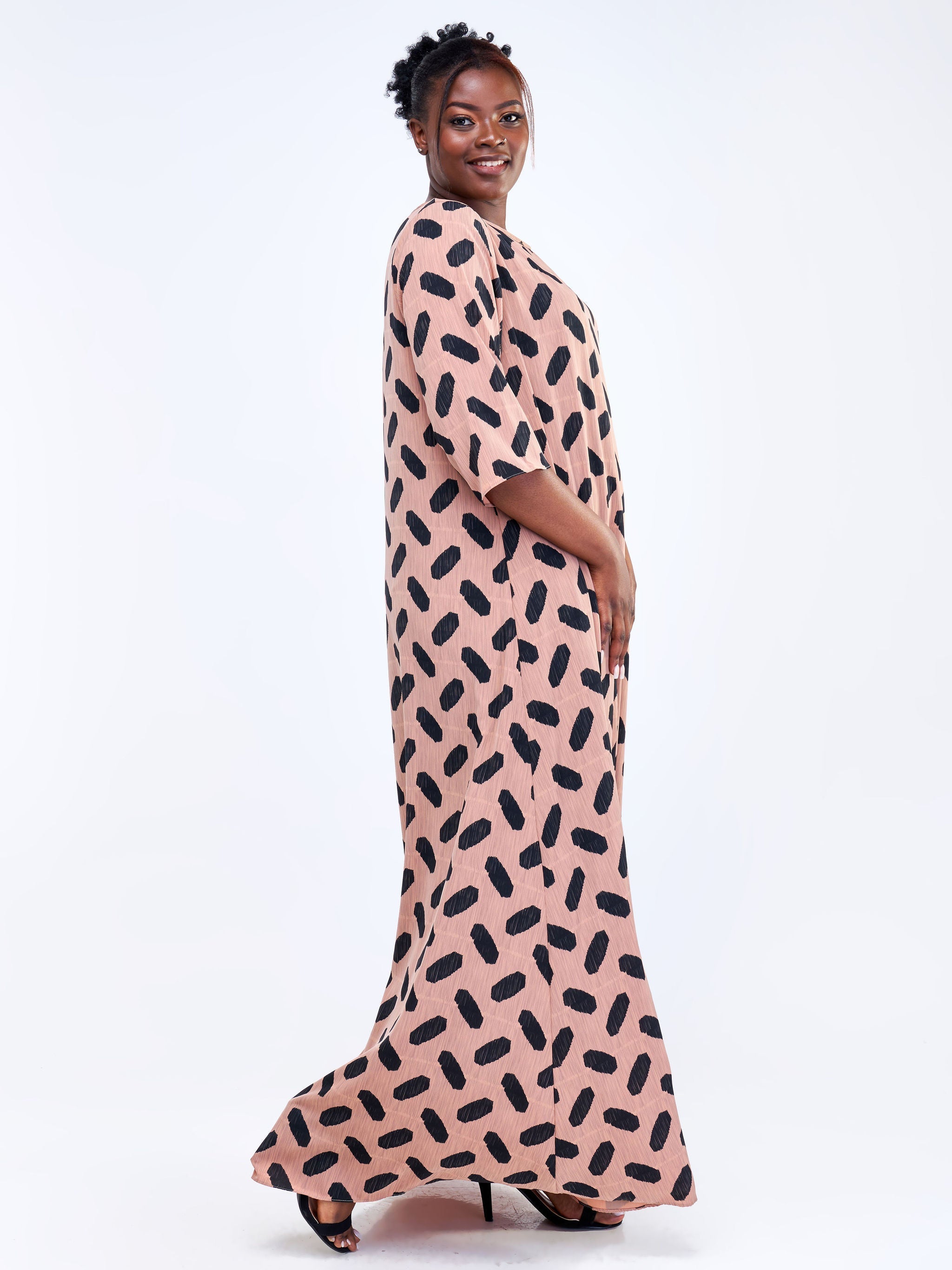 Vivo Basic 3/4 Sleeve Tent Maxi Dress - Taupe / Black Abstract Print