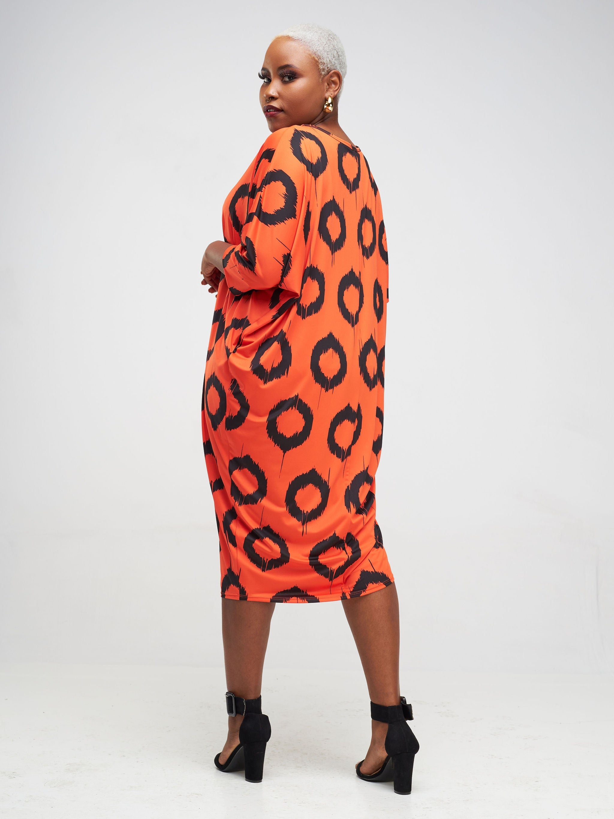 Vivo Tuni Dolman Dress - Orange / Black Abstract Print