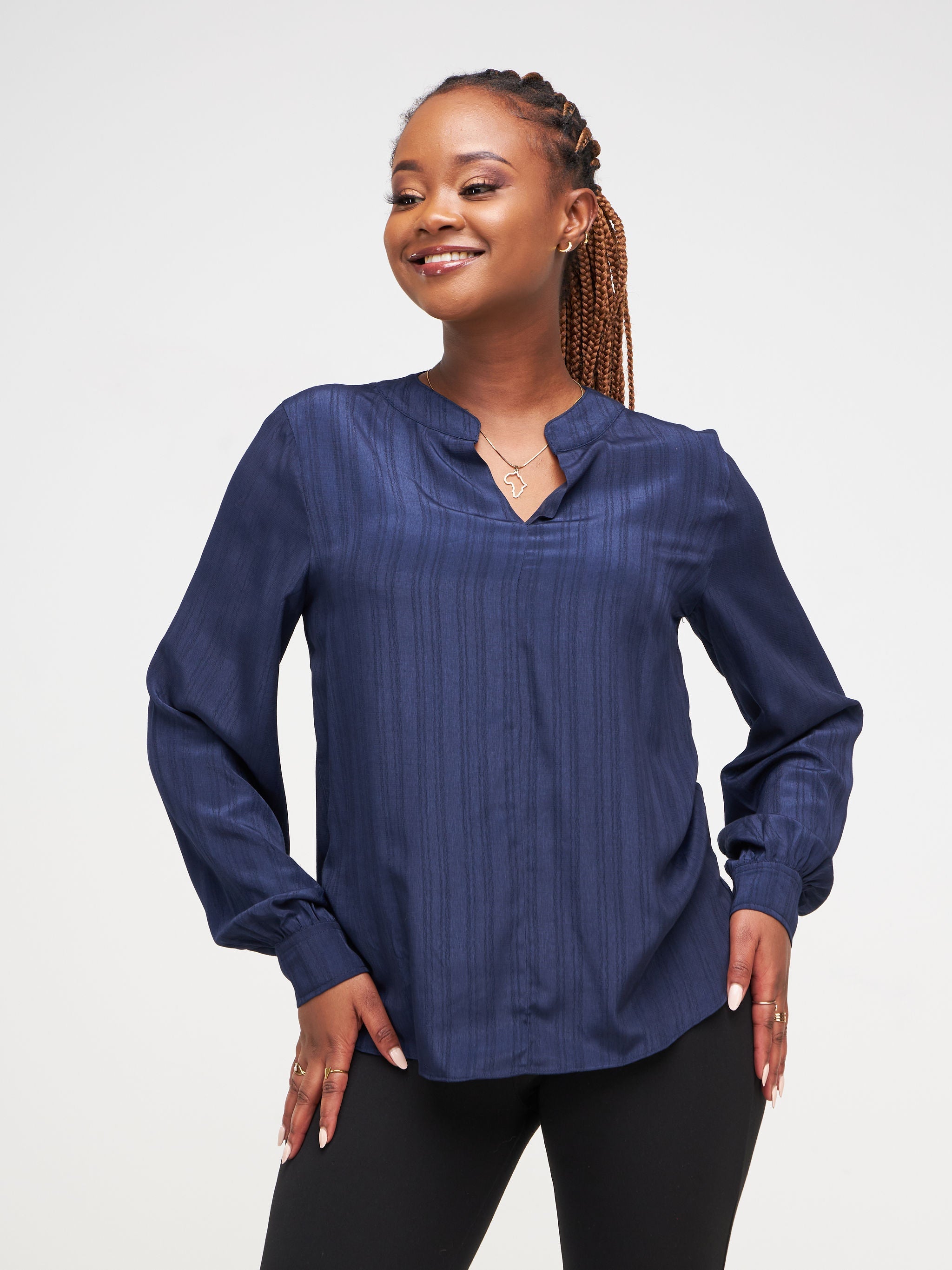 Vivo Laika Long Sleeve Mandarin Top - Navy Blue