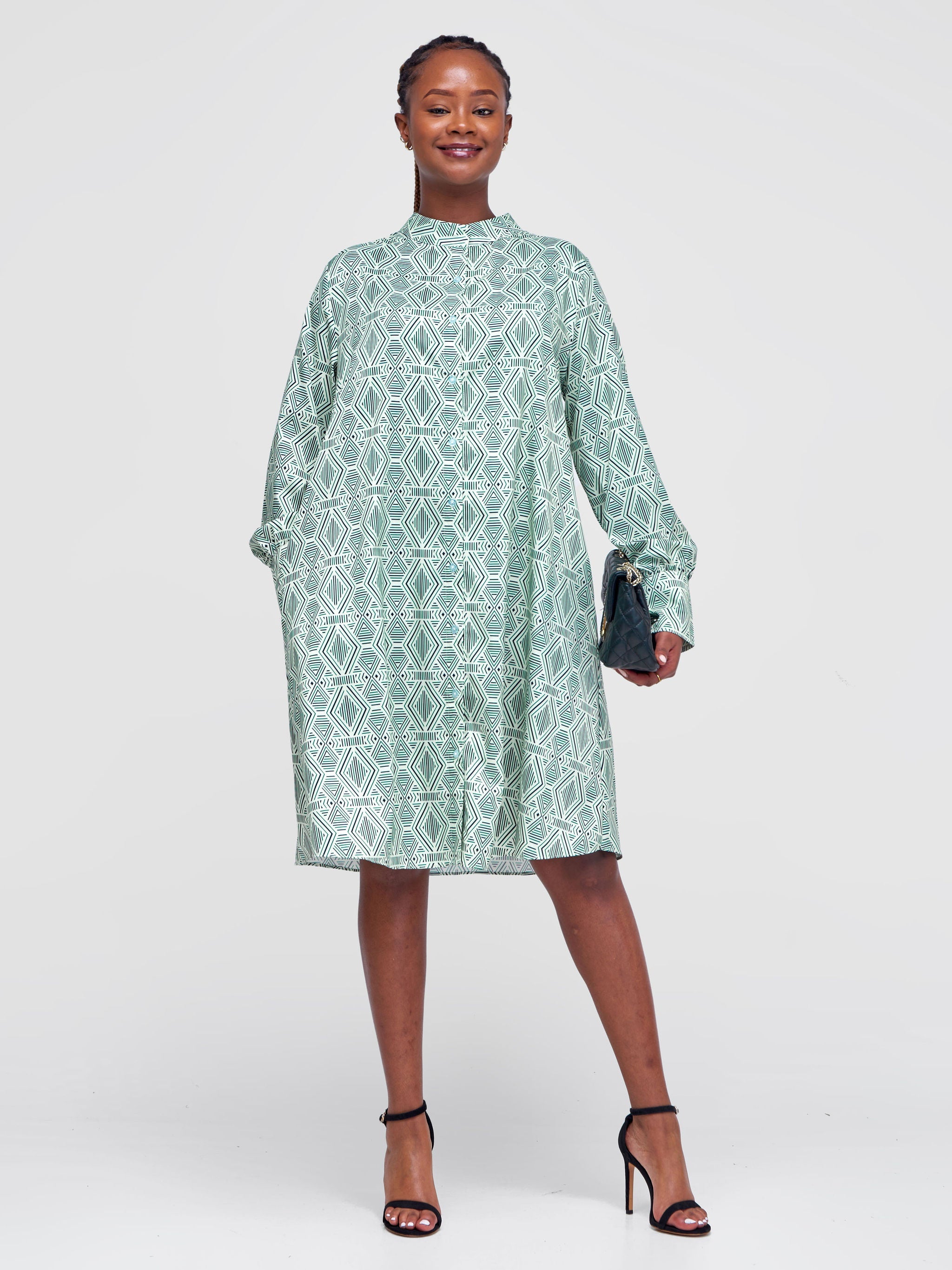 Vivo Jasiri Tent Shirt Dress - Green / Black Geometric Print