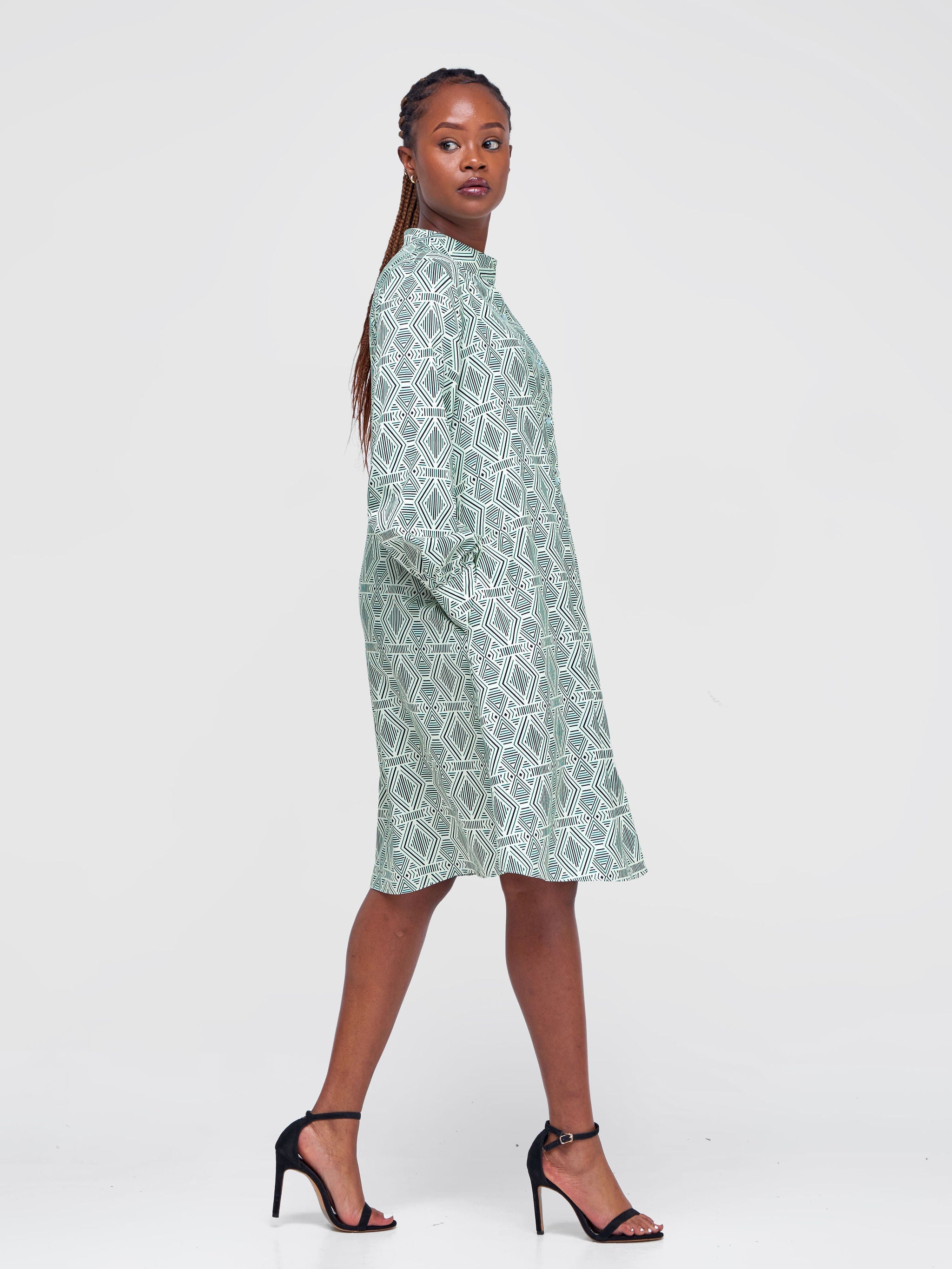 Vivo Jasiri Tent Shirt Dress - Green / Black Geometric Print