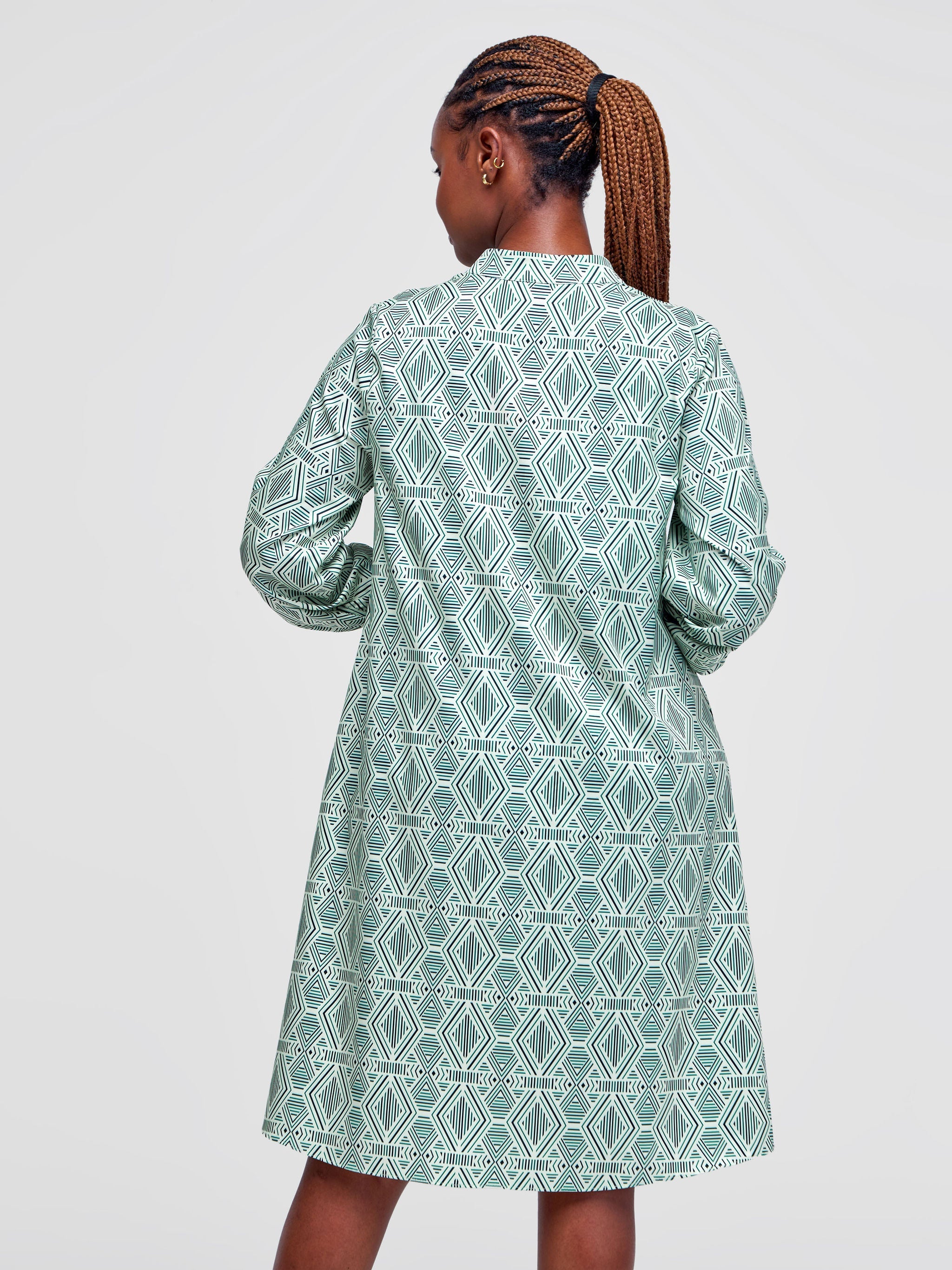 Vivo Jasiri Tent Shirt Dress - Green / Black Geometric Print