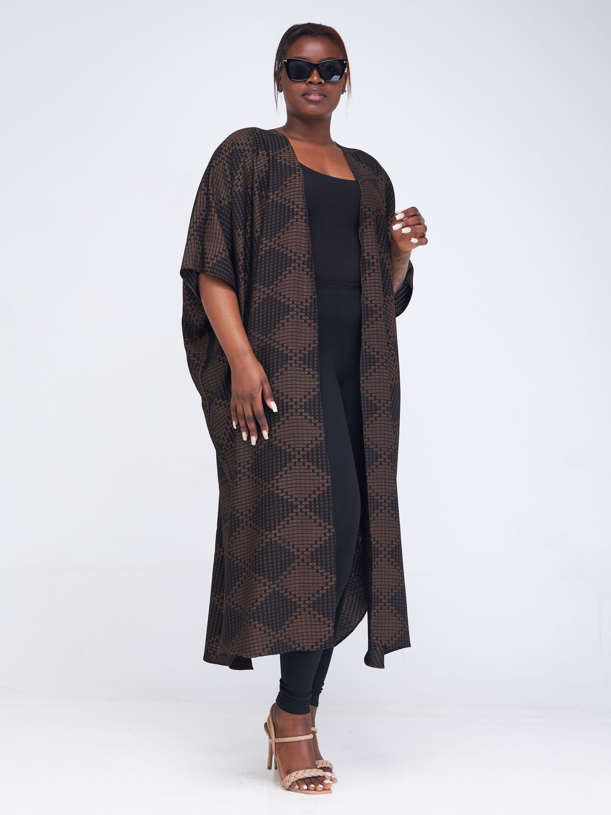 Vivo Basic Open Kaftan - Black / Gold Geometric Print