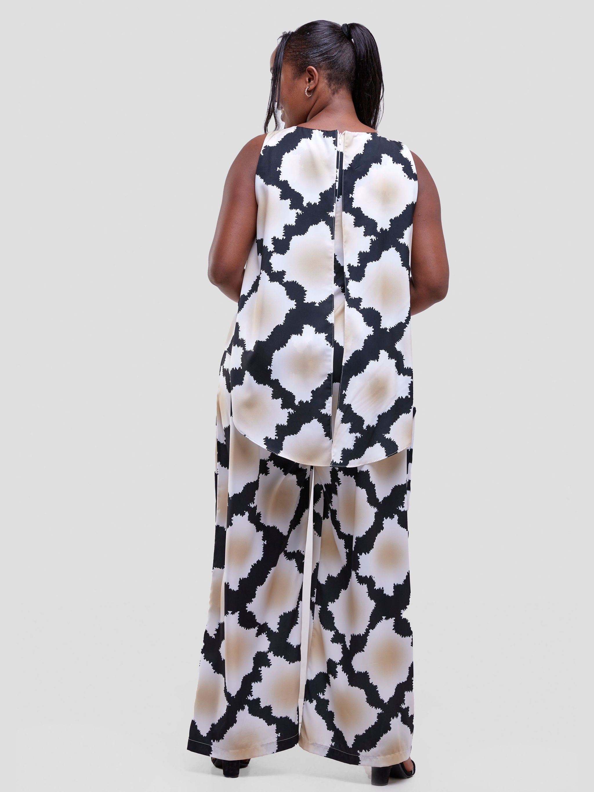 Vivo Soleil Sleeveless Drape Jumpsuit - Black / Taupe Almasi Print