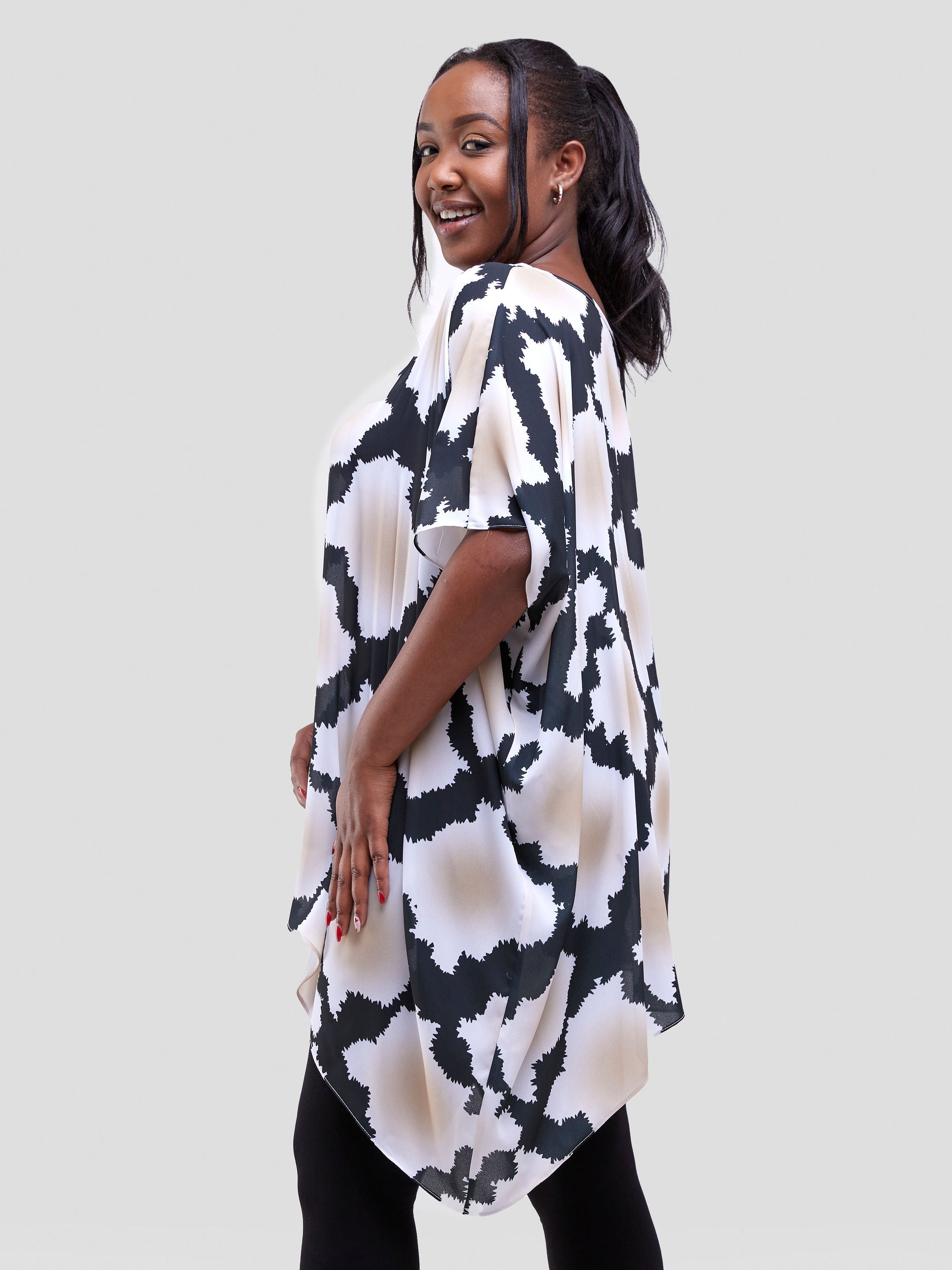 Vivo Soleil Asymmetrical Hem Tunic Kaftan - Black / Taupe Almasi Print