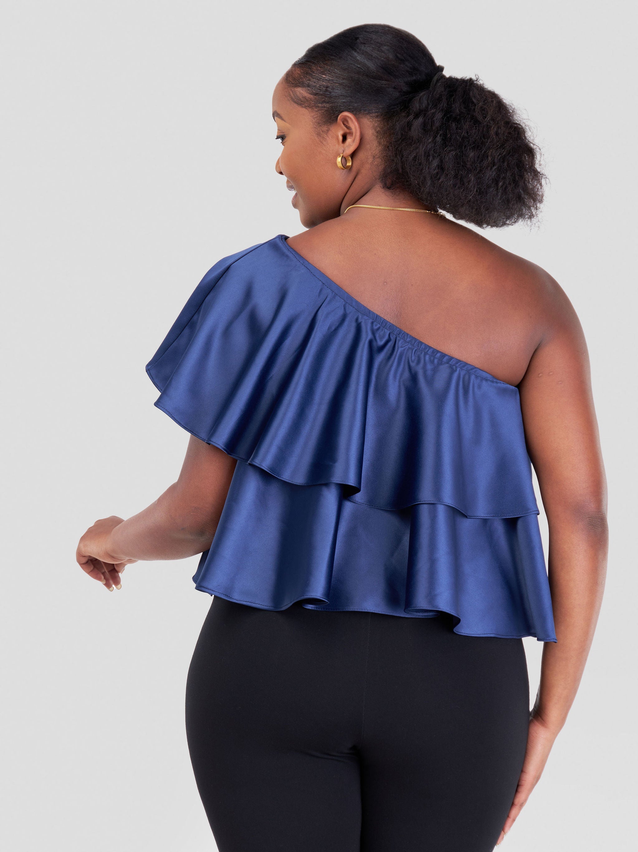 Vivo Naya One Shoulder Flounce Satin Crop Top - Navy Blue