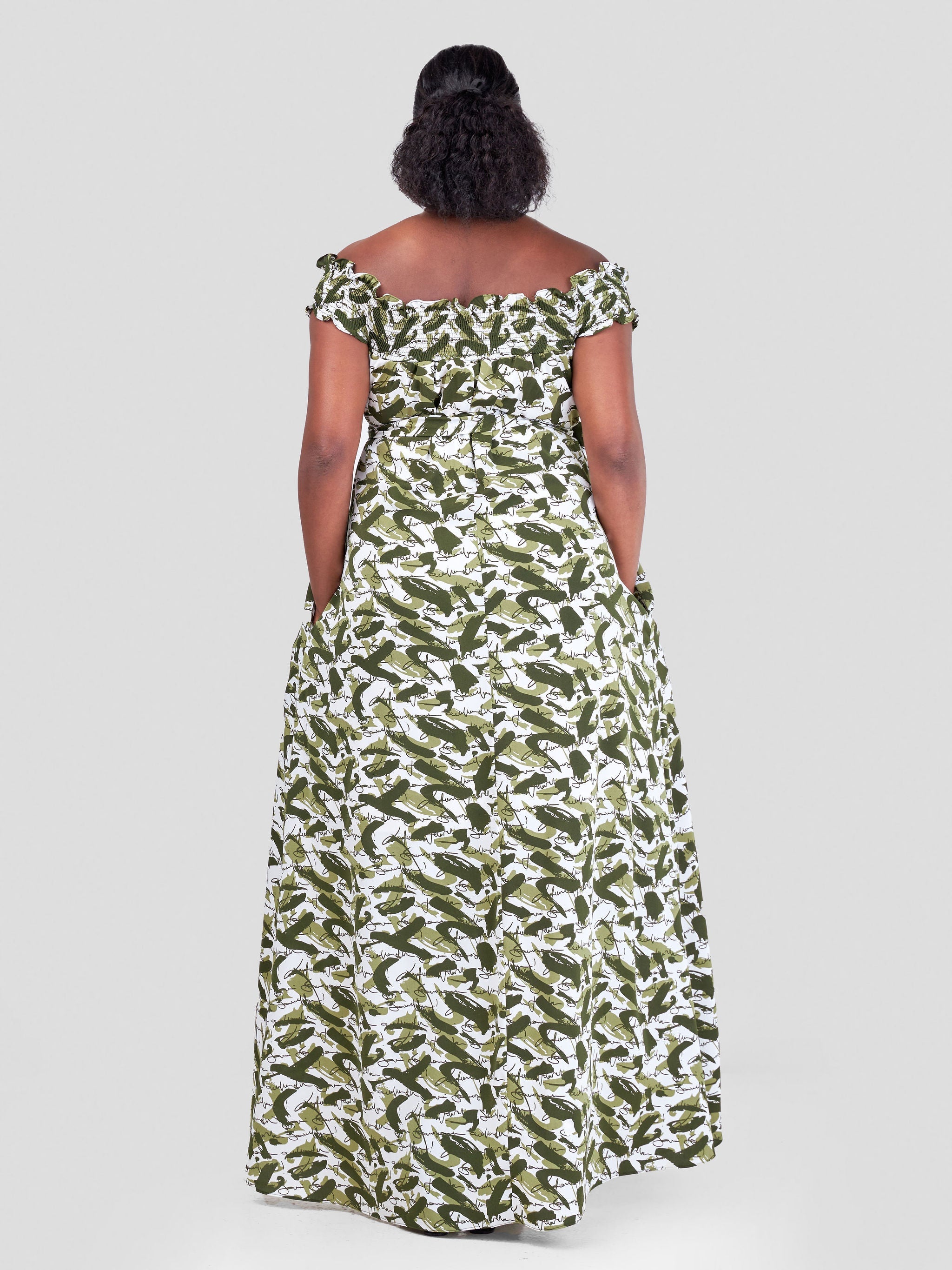 Vivo Alek Off-Shoulder Maxi Dress - White / Hunters Green Abstract Print