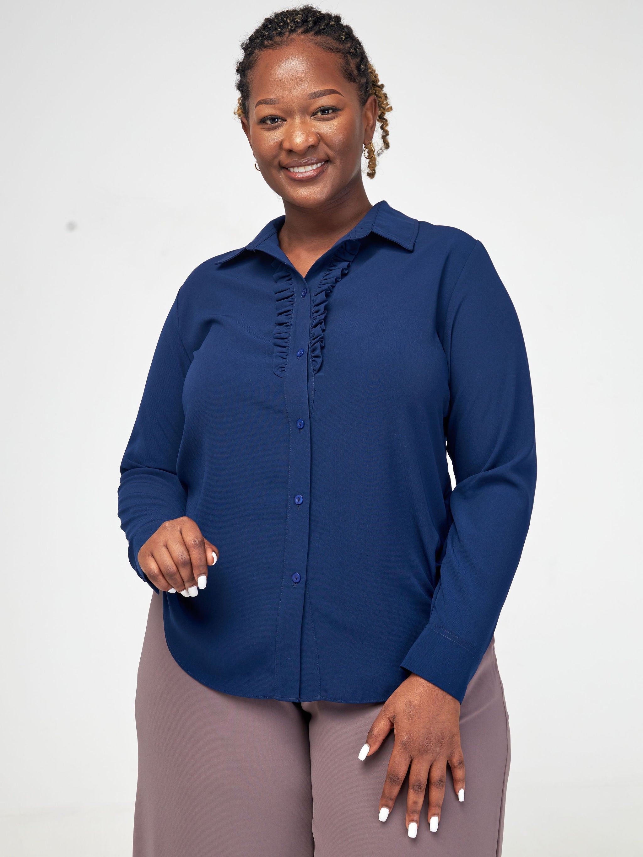 Vivo Sani Long Sleeve Ruffle Placket Shirt - Navy Blue