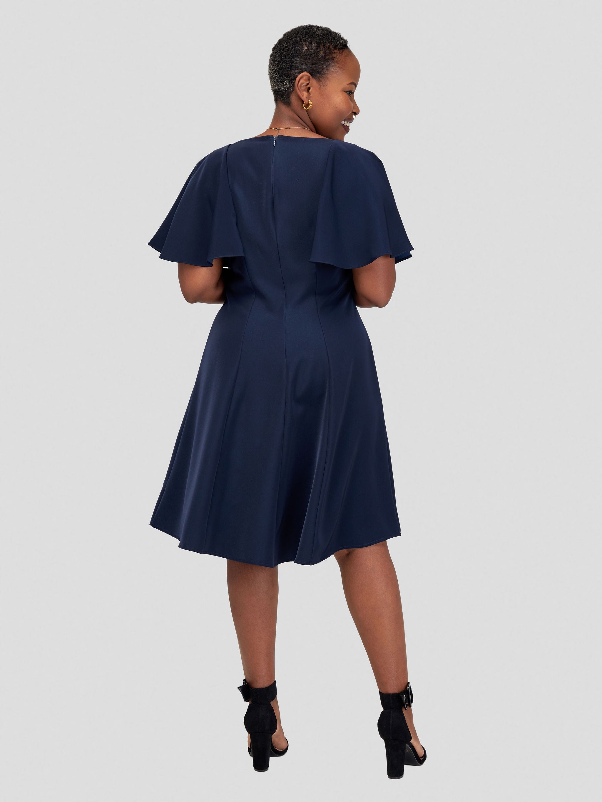 Vivo Sani Cape Sleeve Round Neck A-line Dress - Navy Blue