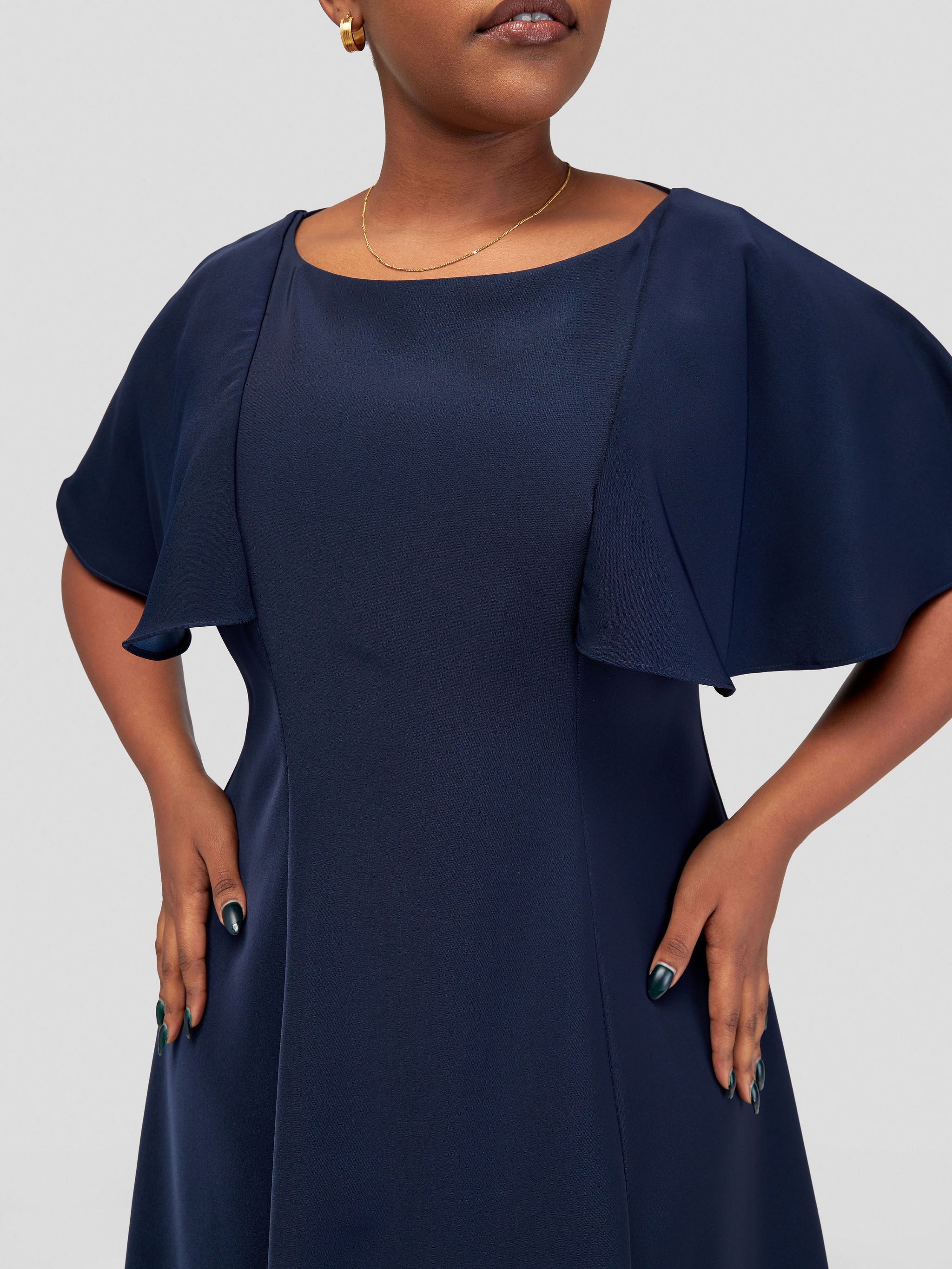 Vivo Sani Cape Sleeve Round Neck A-line Dress - Navy Blue