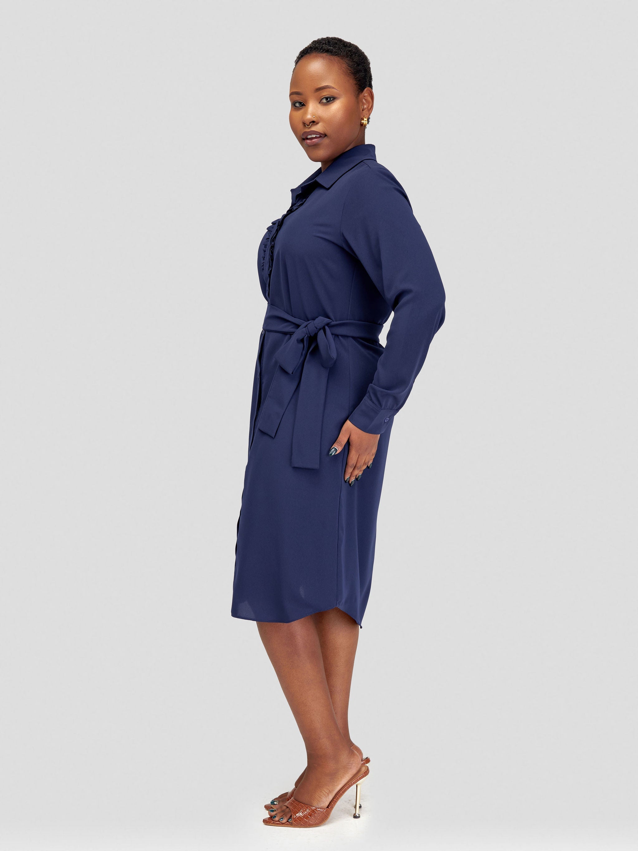 Vivo Sani Long Sleeve Ruffle Shirt Dress - Navy Blue