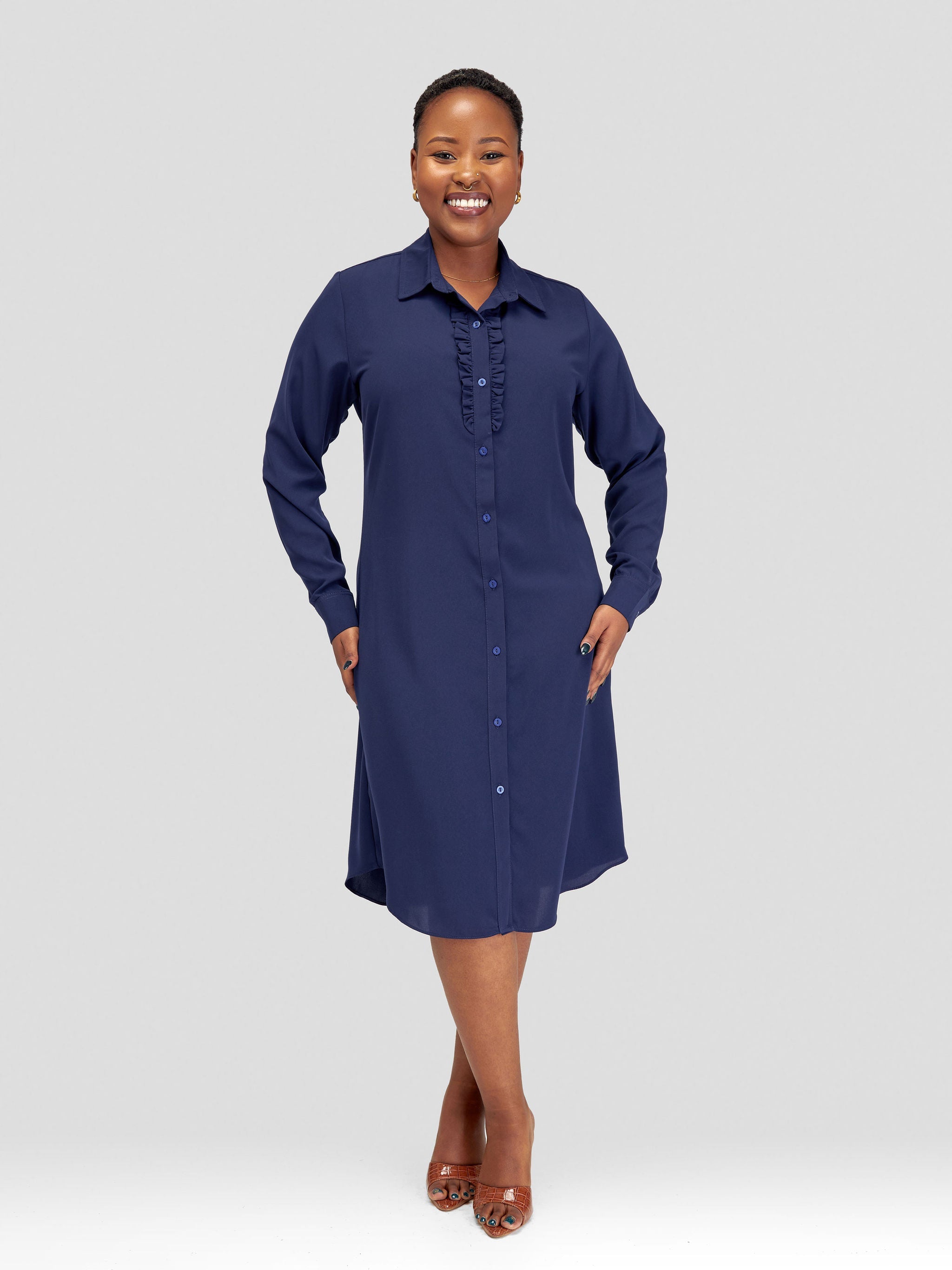 Vivo Sani Long Sleeve Ruffle Shirt Dress - Navy Blue