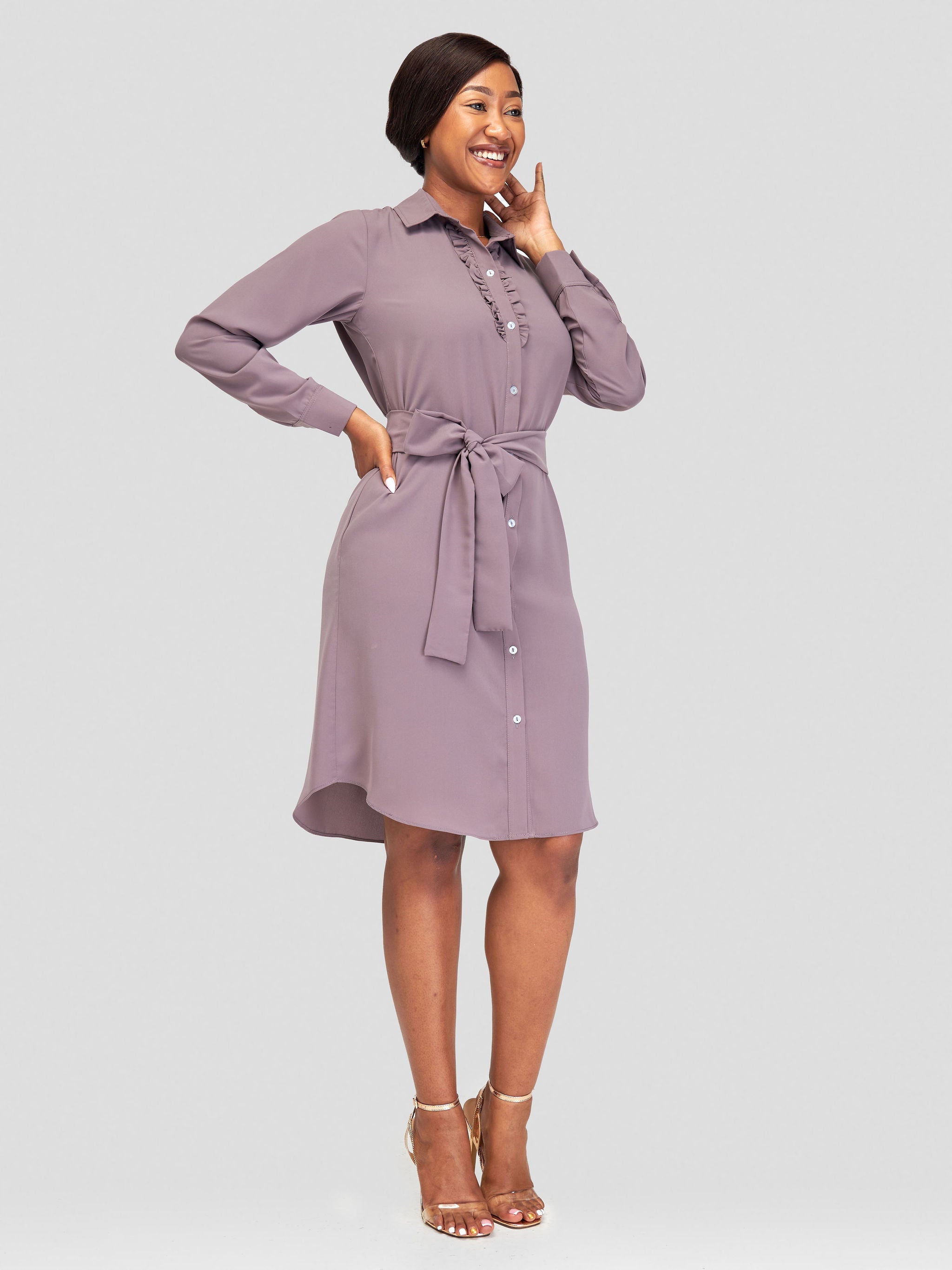 Vivo Sani Long Sleeve Ruffle Shirt Dress - Dark Taupe