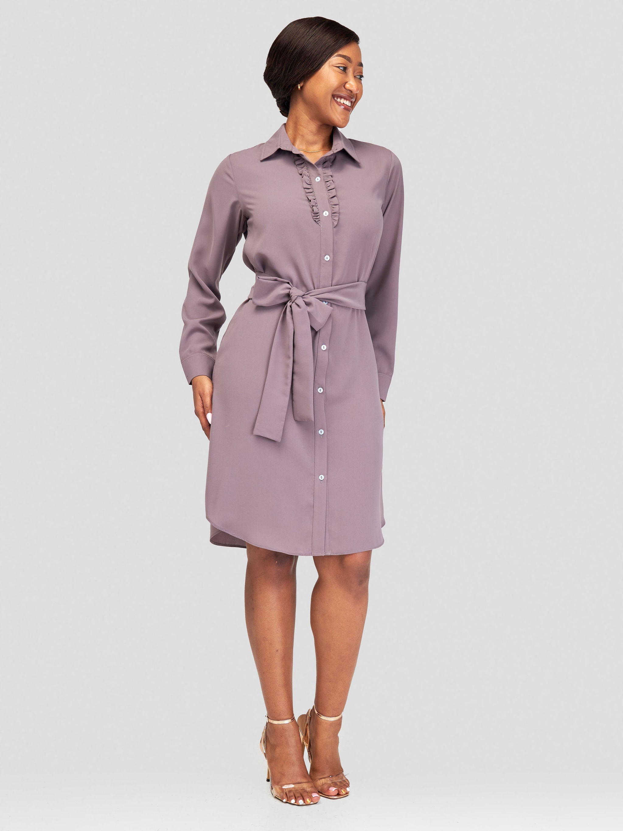 Vivo Sani Long Sleeve Ruffle Shirt Dress - Dark Taupe