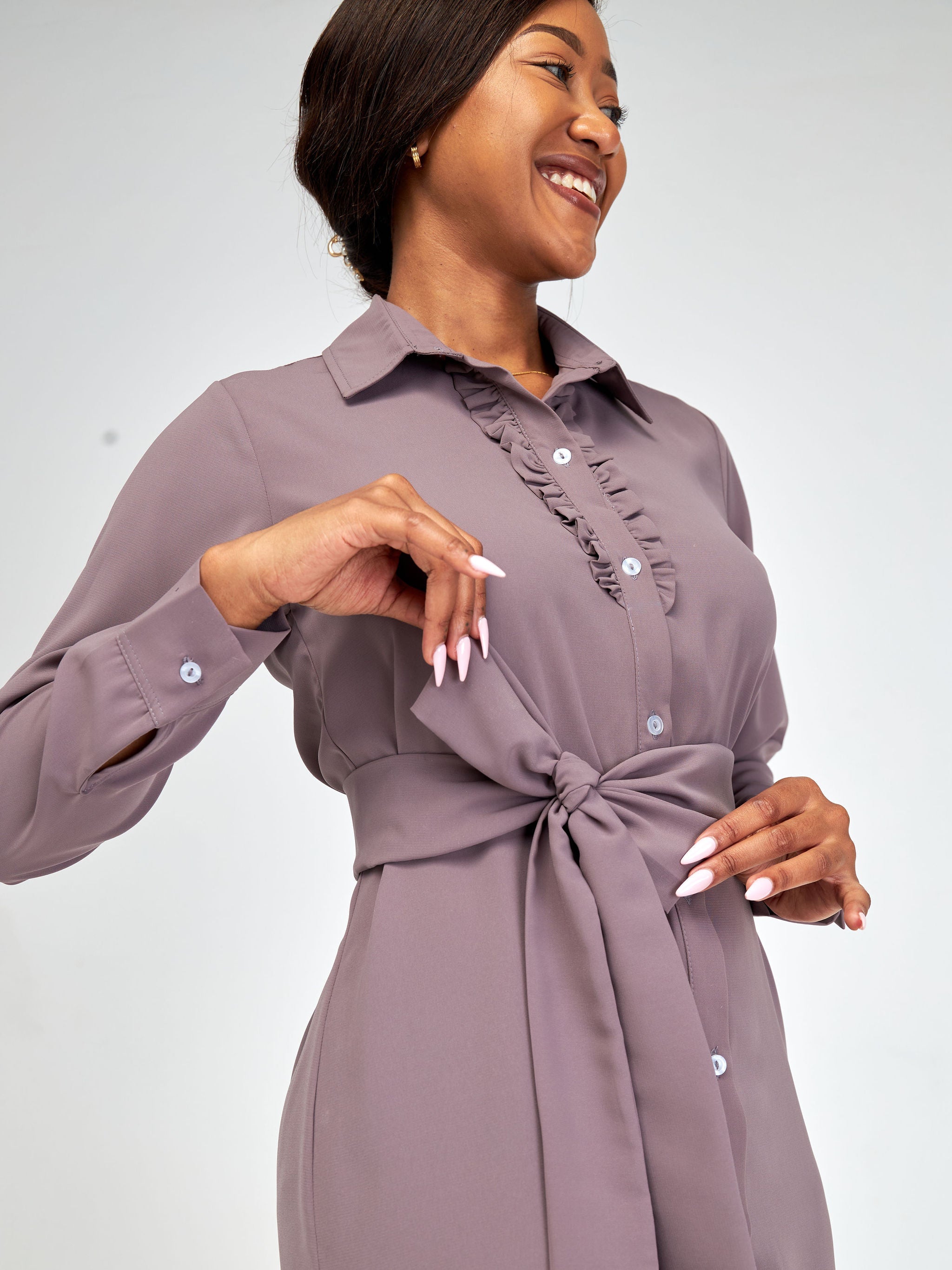 Vivo Sani Long Sleeve Ruffle Shirt Dress - Dark Taupe