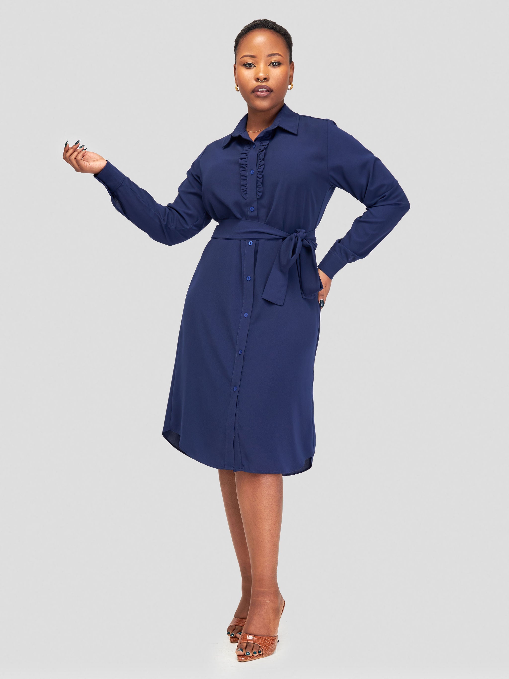 Vivo Sani Long Sleeve Ruffle Shirt Dress - Navy Blue