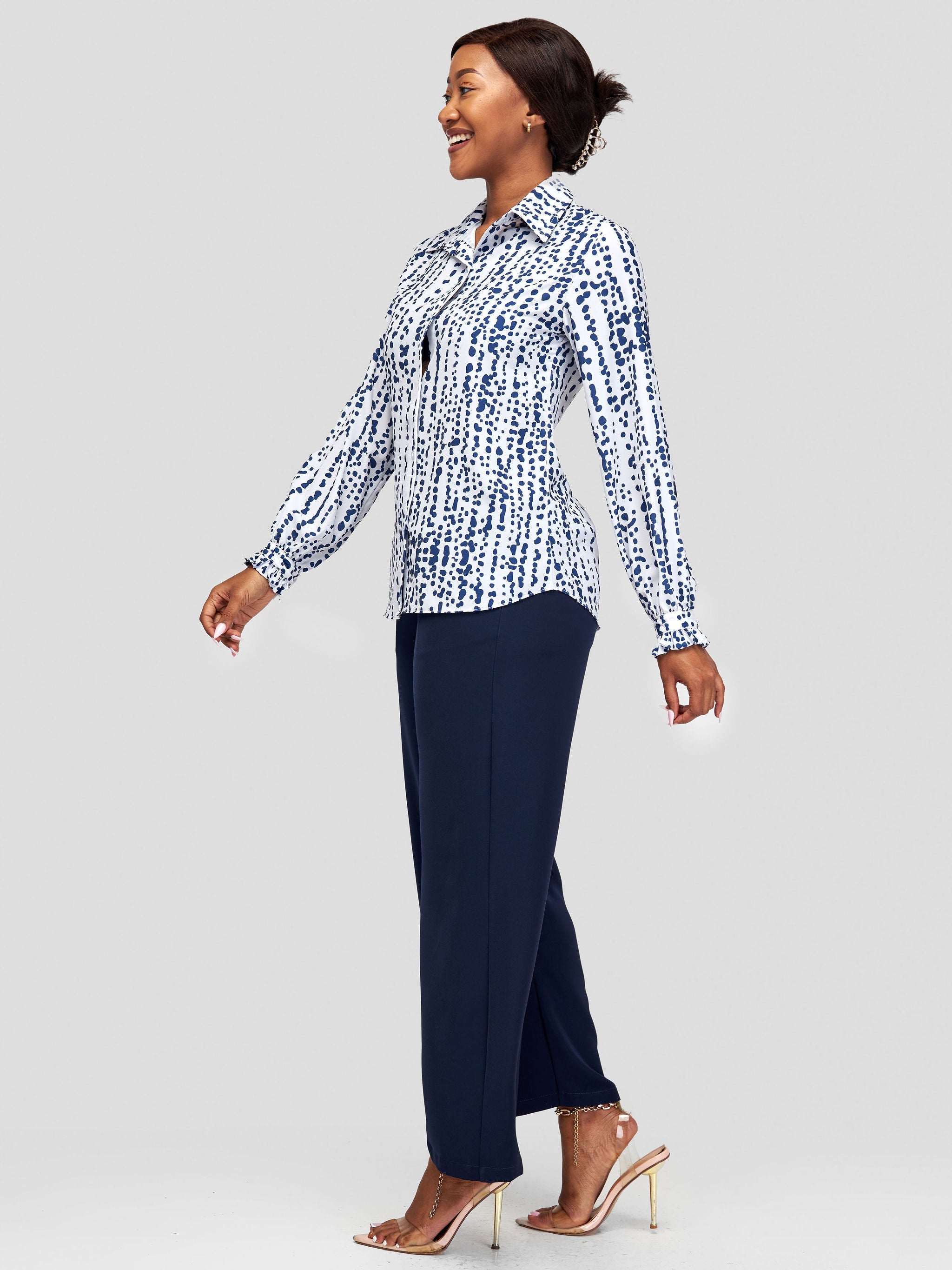 Vivo Sani Long Sleeve Ruffle Shirt - Off White / Navy Blue Heri Abstract Print