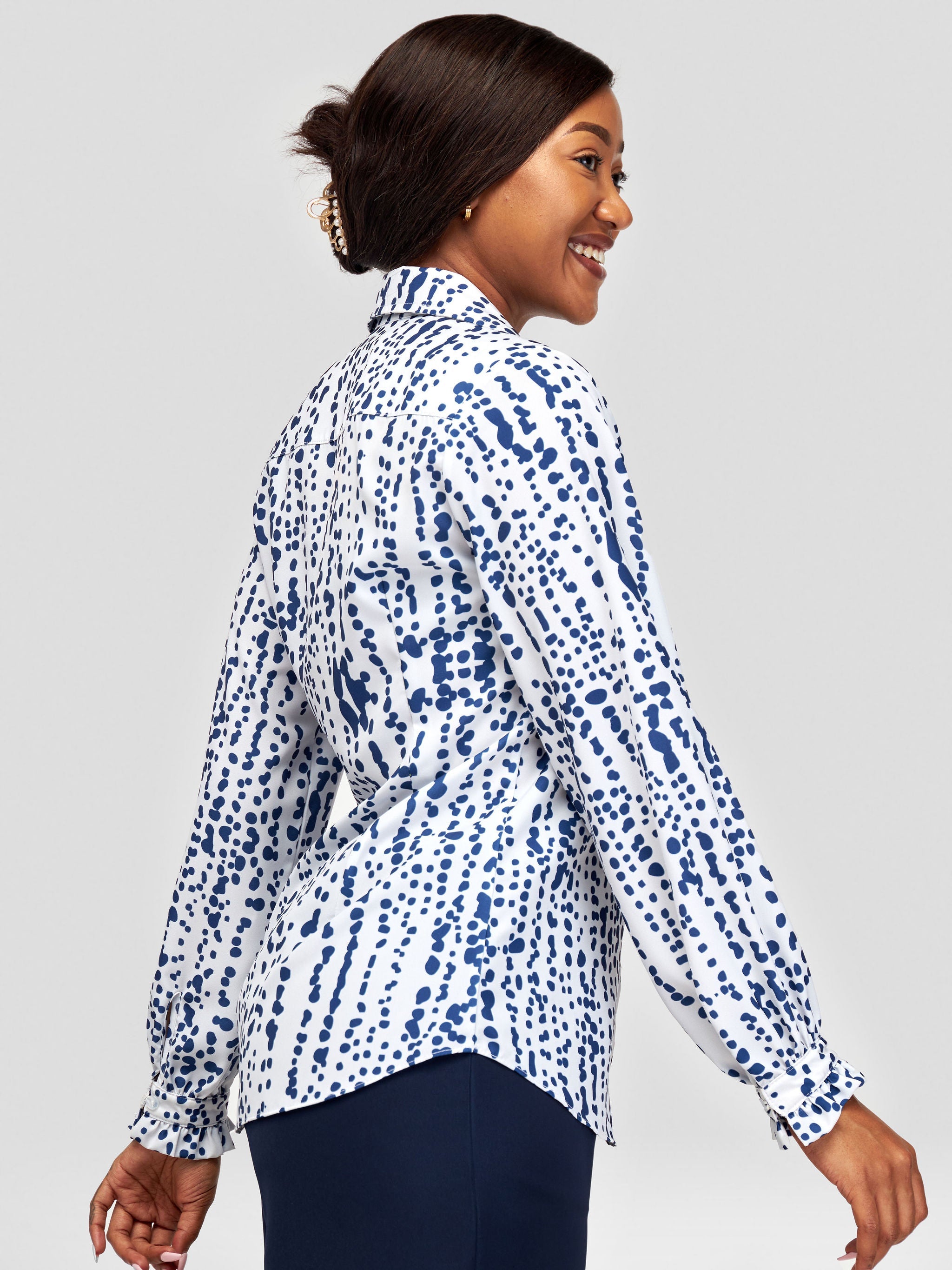 Vivo Sani Long Sleeve Ruffle Shirt - Off White / Navy Blue Heri Abstract Print