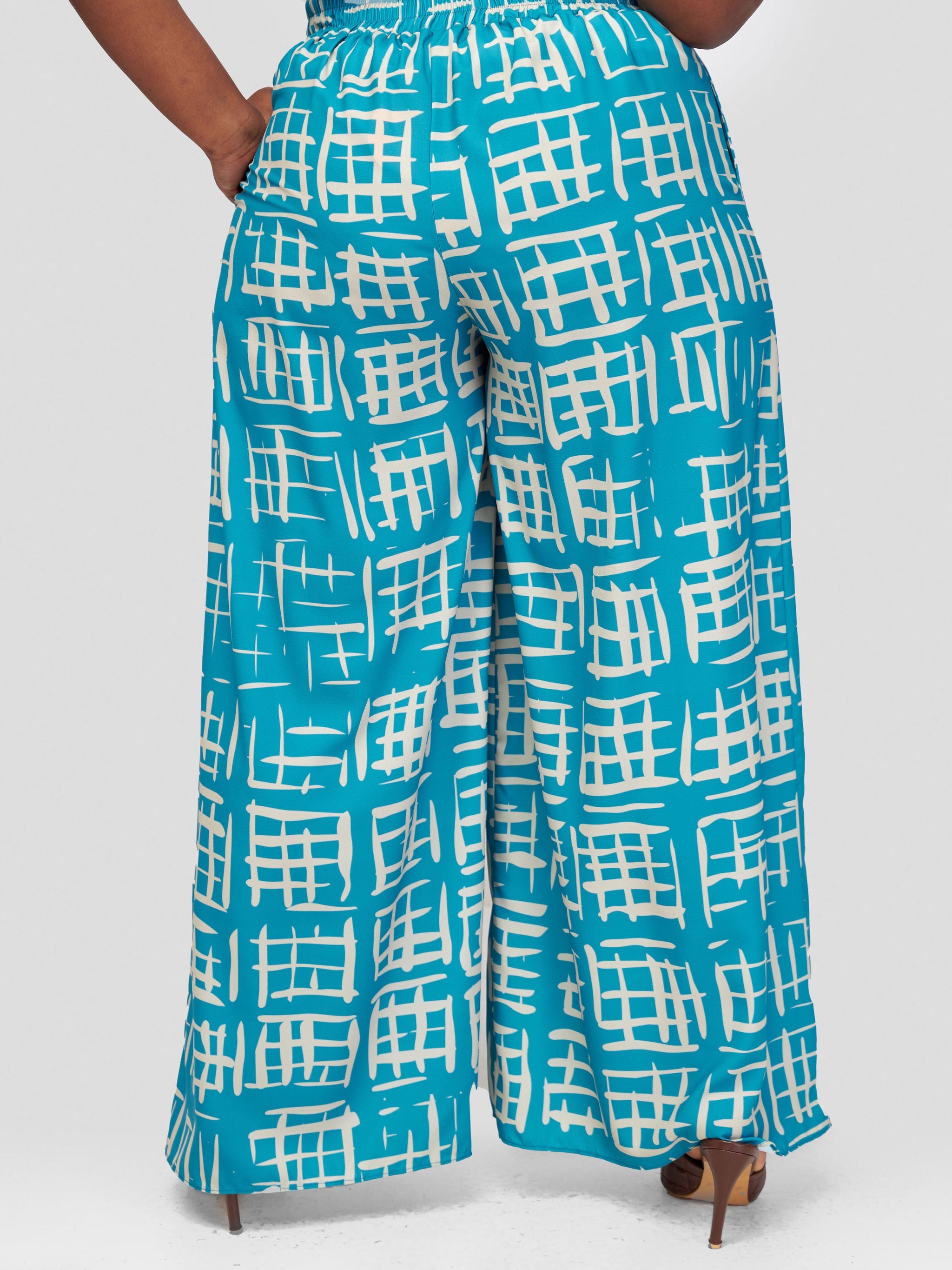 Vivo Basic Crepe Pants - Teal / Taupe Batik Geometric Print