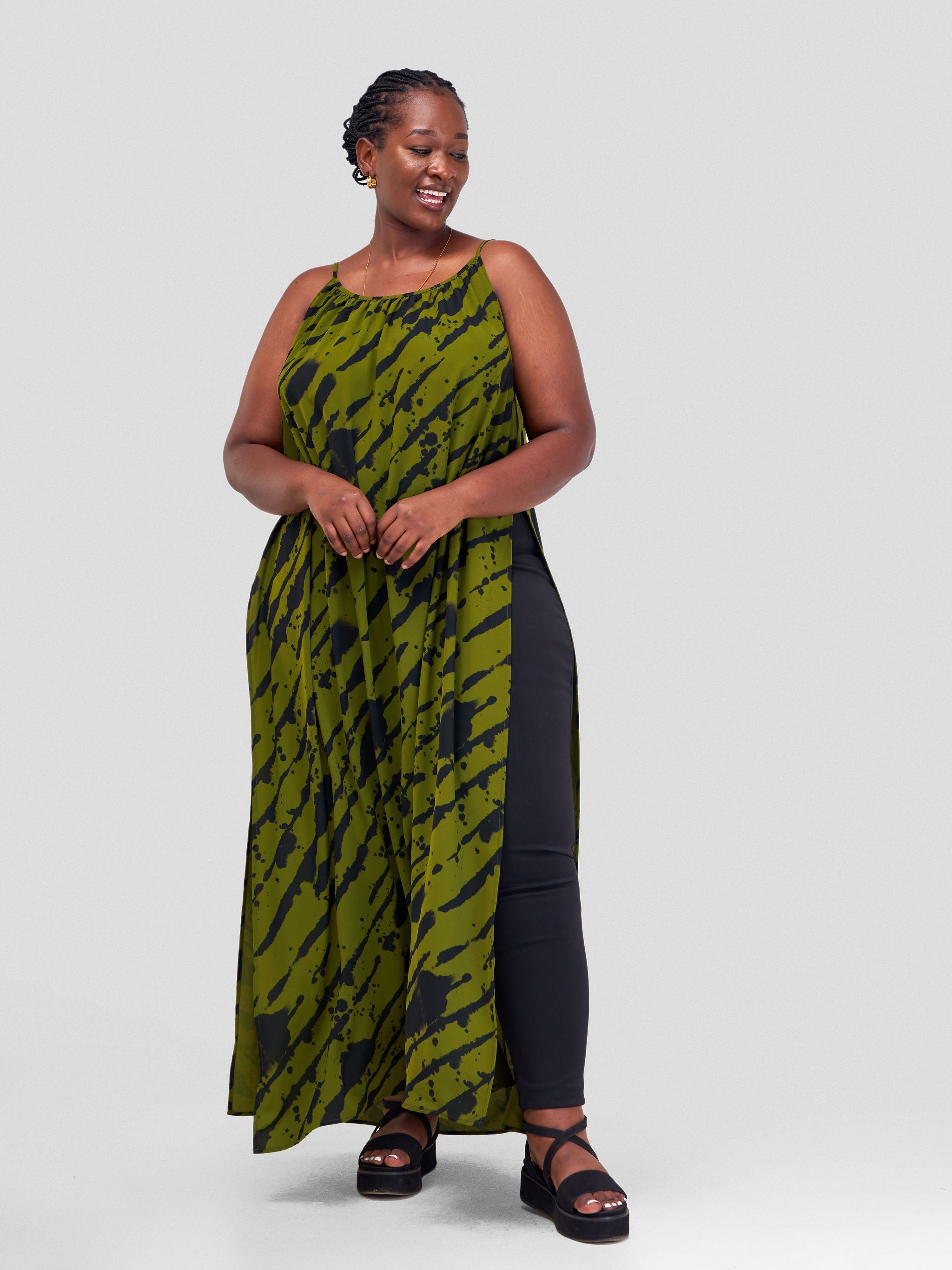 Vivo Ava Strappy Maxi Top - Black / Olive Green Mistari Print