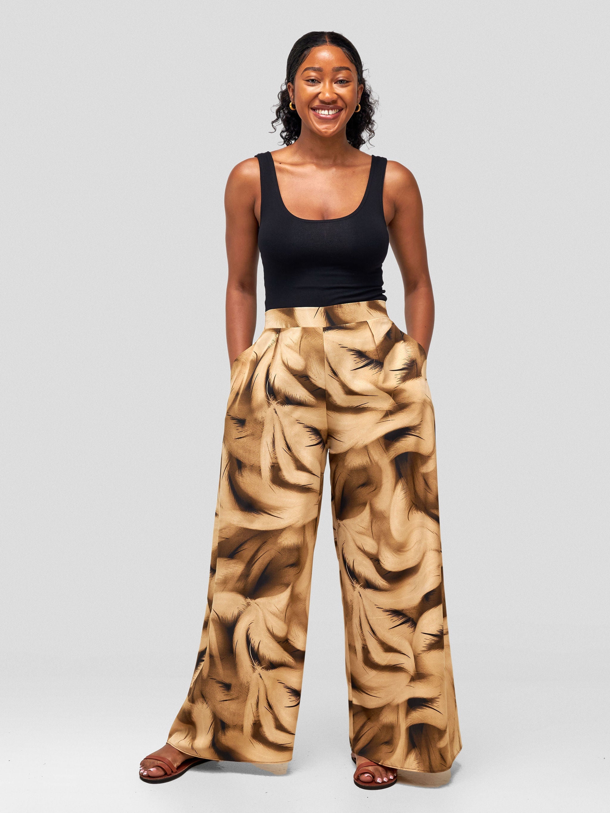 Vivo Jema Palazzo Pants - Taupe / Dark Taupe Feathers Print