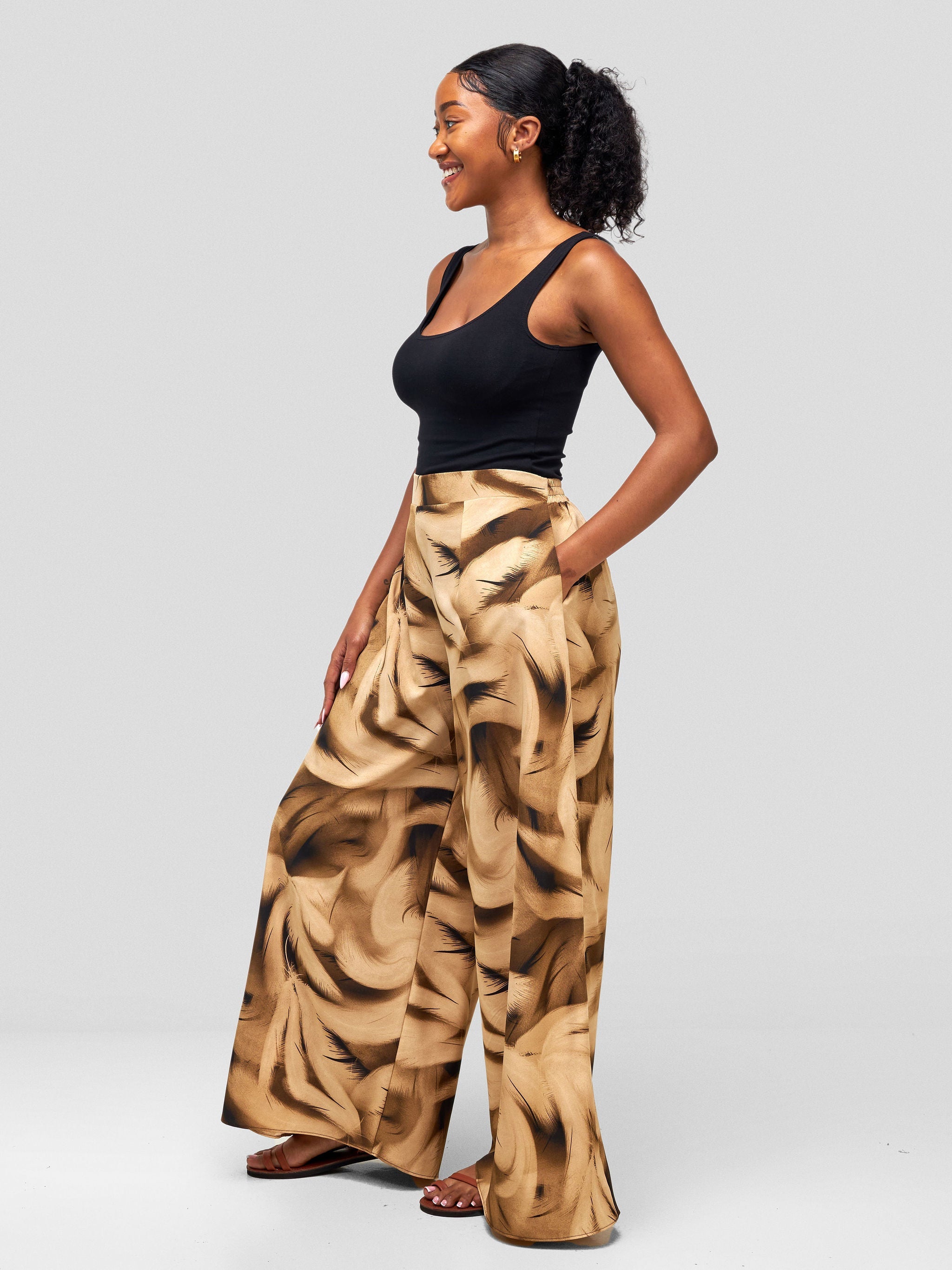 Vivo Jema Palazzo Pants - Taupe / Dark Taupe Feathers Print