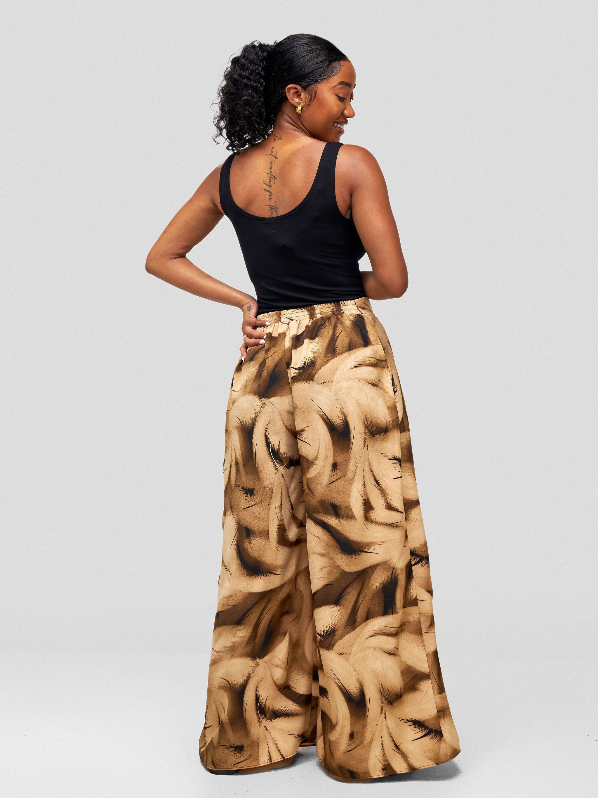 Vivo Jema Palazzo Pants - Taupe / Dark Taupe Feathers Print