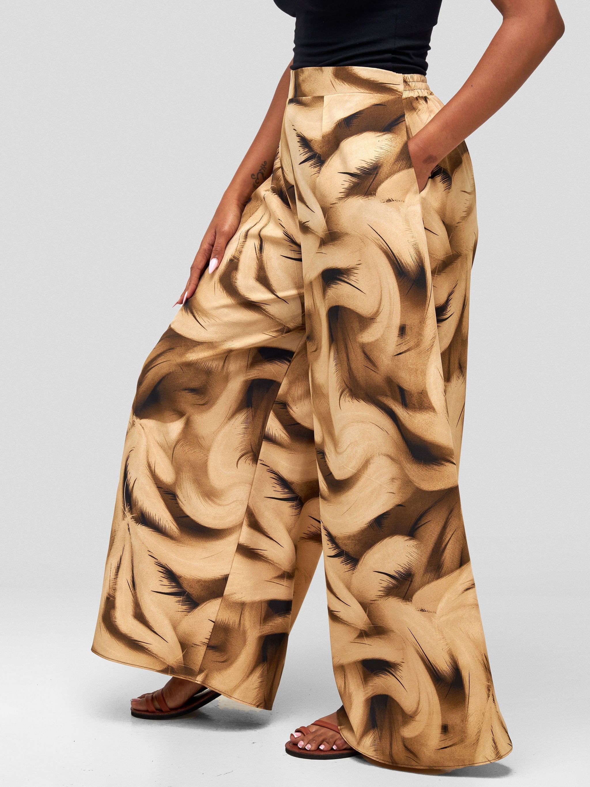 Vivo Jema Palazzo Pants - Taupe / Dark Taupe Feathers Print