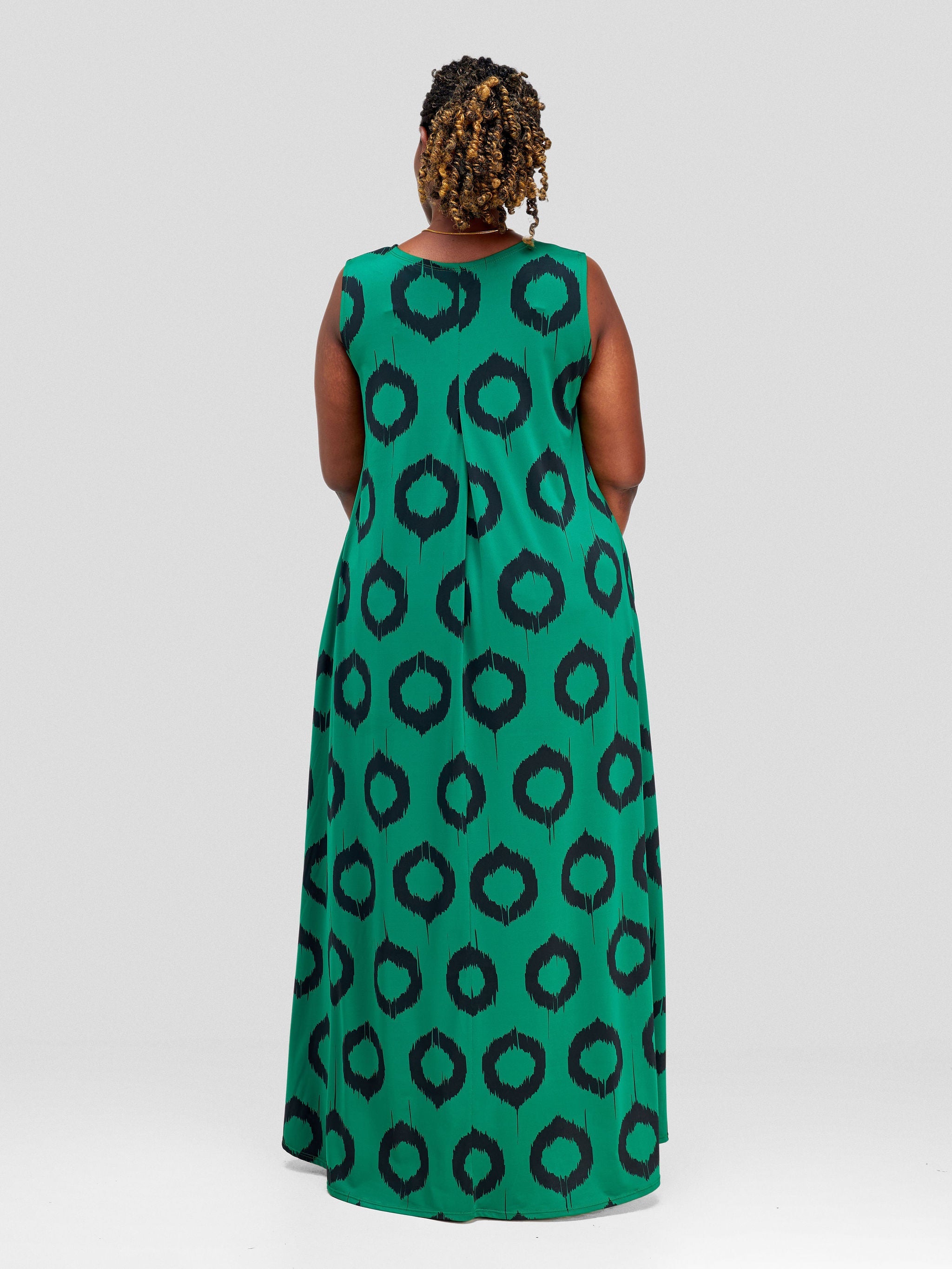 Vivo Lumi Back Pleat Maxi Dress - Dark Green / Black Abstract Print