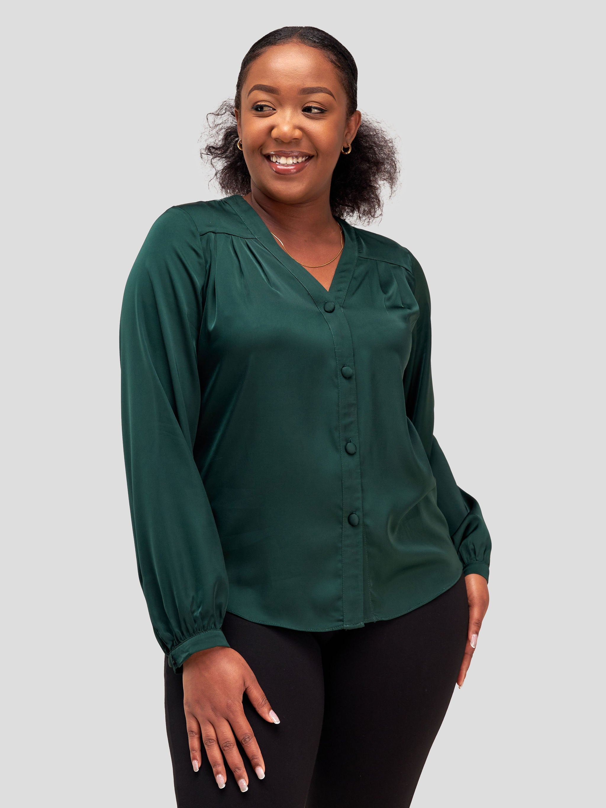 Vivo Sawari Long Sleeve V-Neck Top - Dark Green