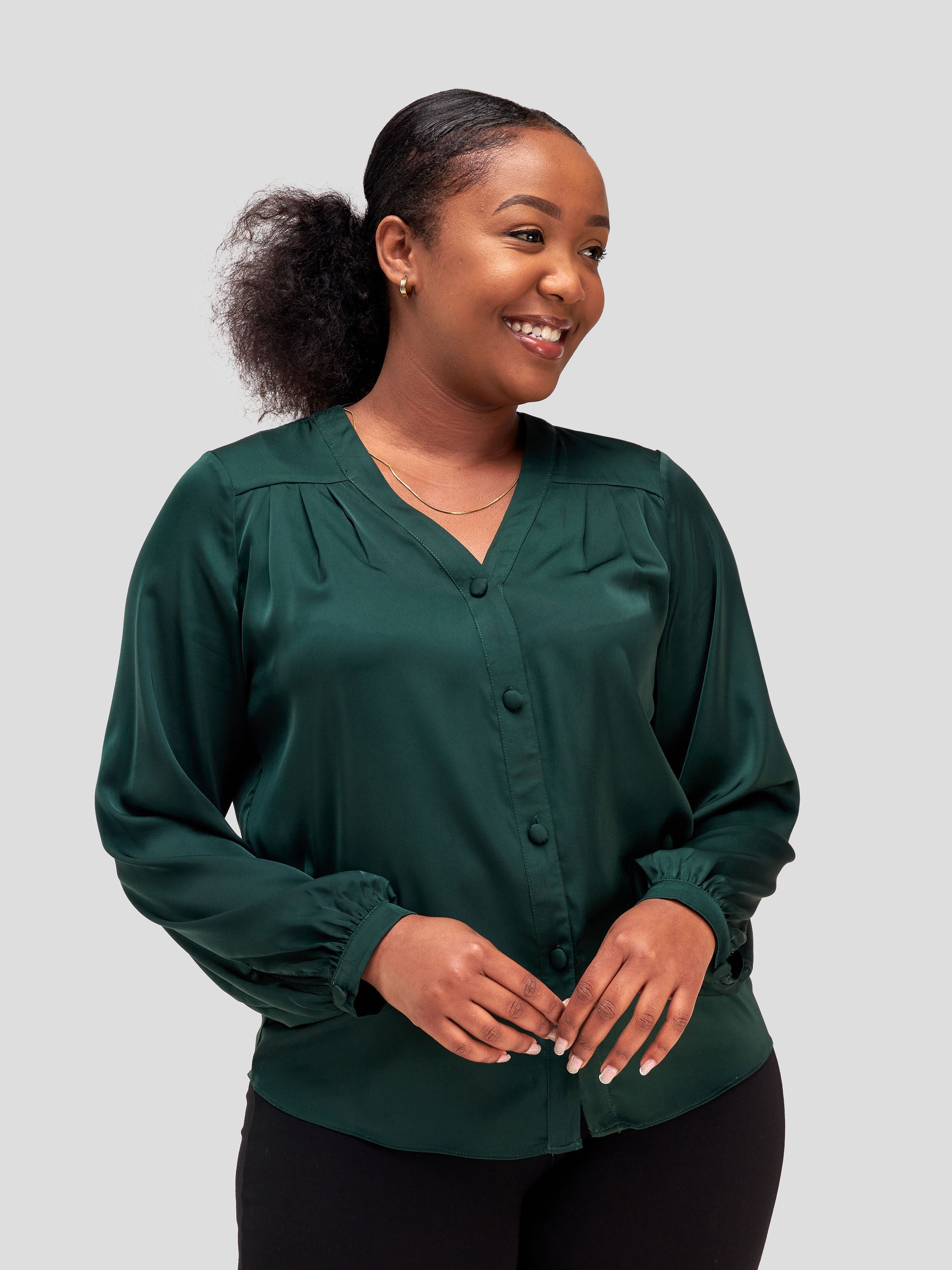 Vivo Sawari Long Sleeve V-Neck Top - Dark Green