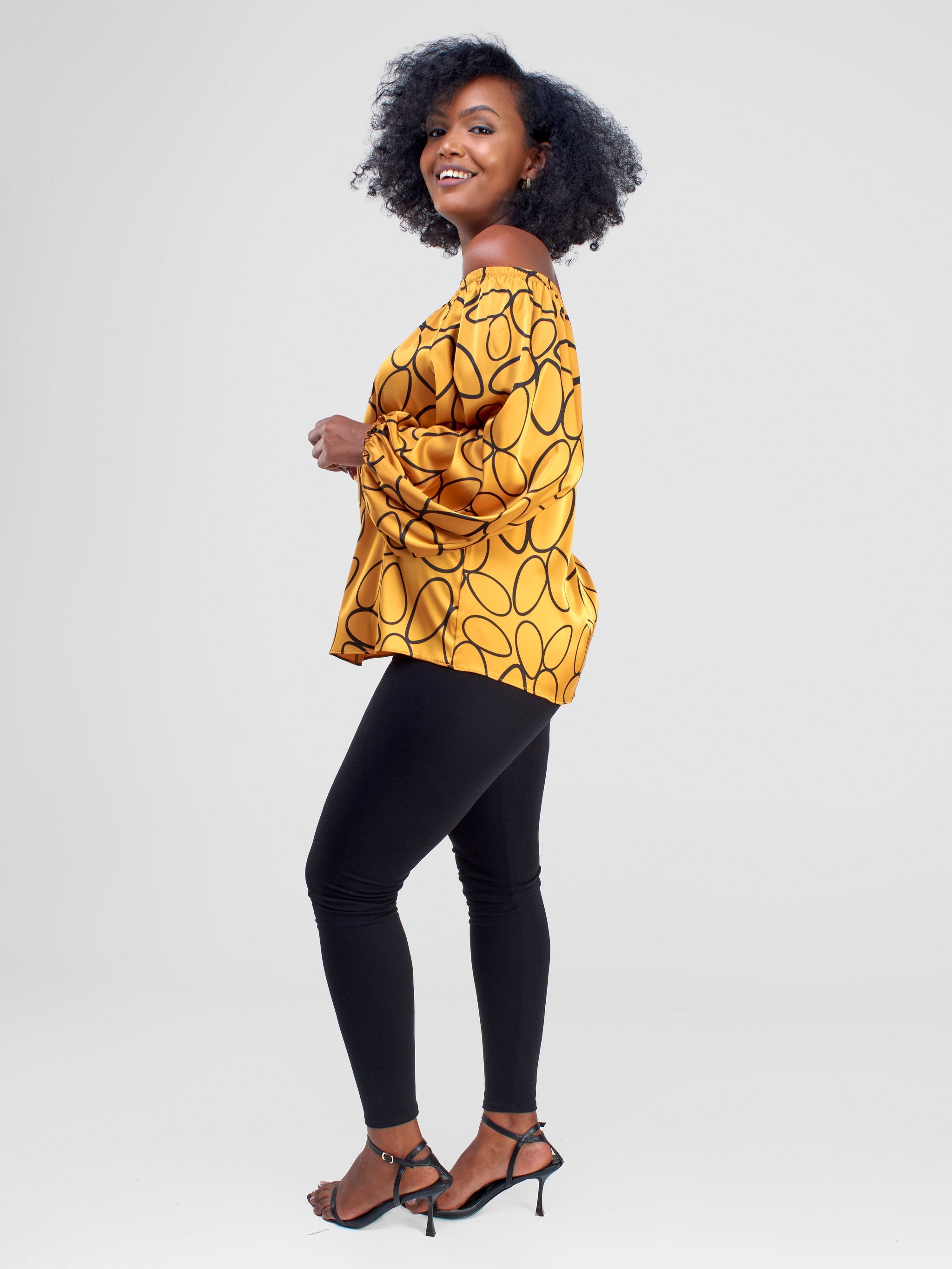 Vivo Hanabi Off - Shoulder Top - Mustard Koto Print