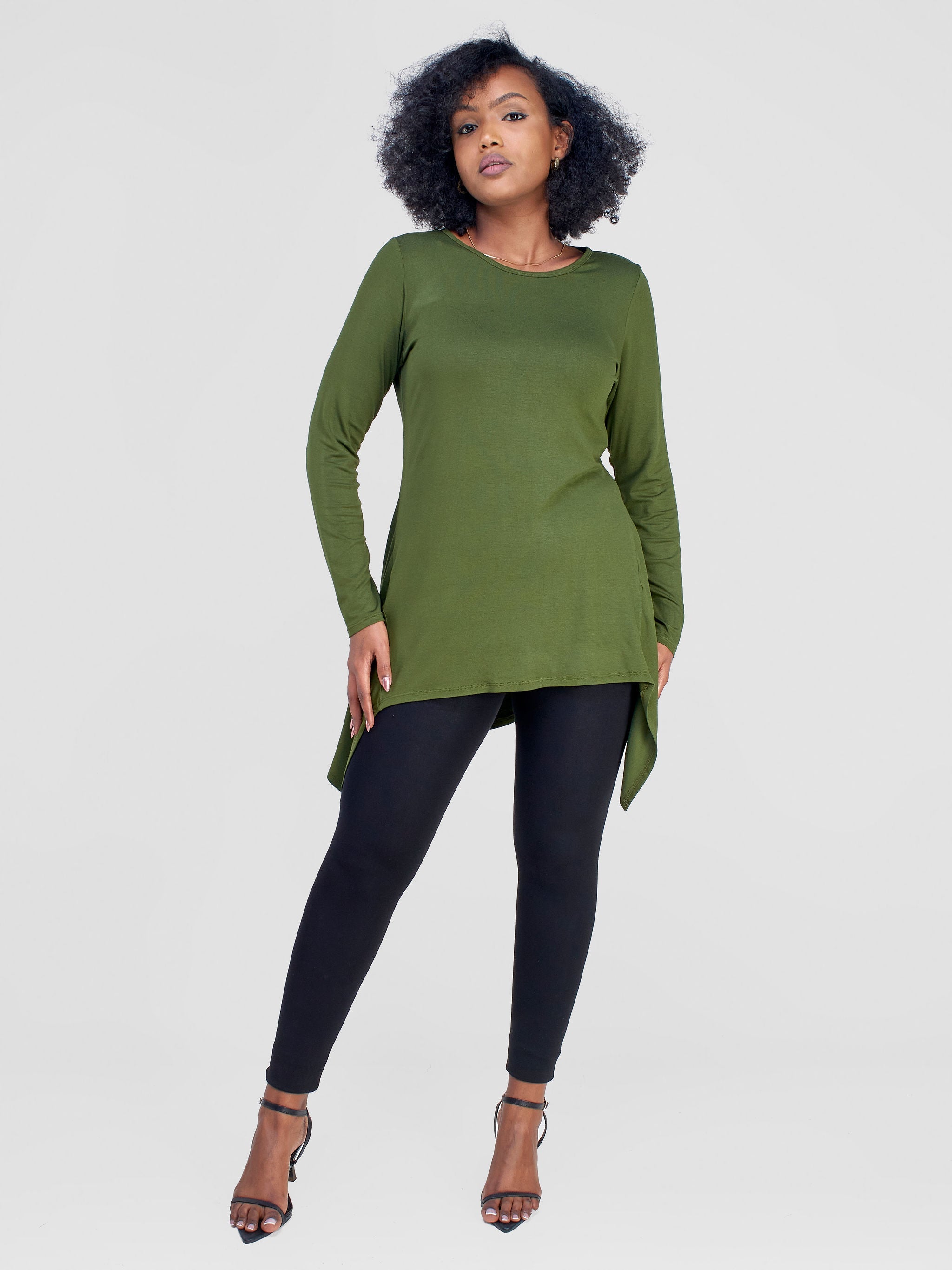 Vivo Wingu Long Sleeve Side Drape Tunic Top- Hunters Green