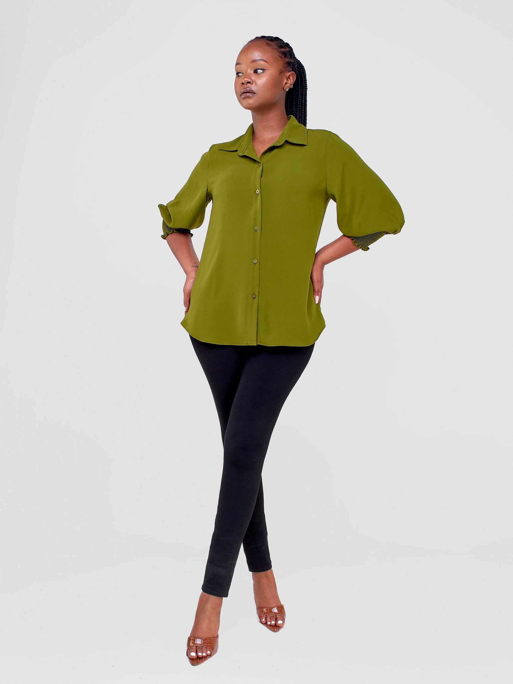 Vivo Fahari 3/4 Sleeve Shirred Shirt - Olive