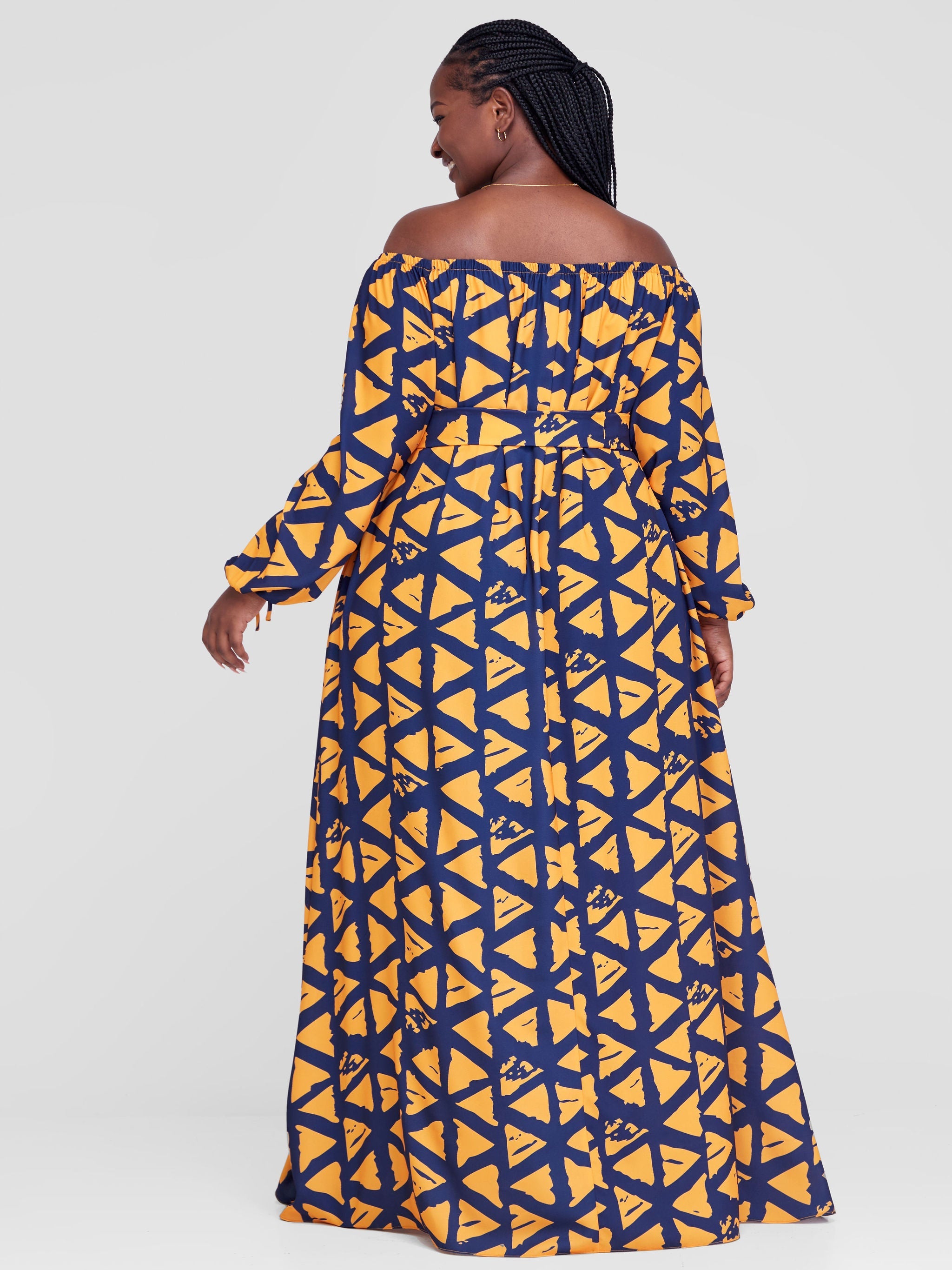 Vivo Zahari Off-Shoulder Maxi Dress - Mustard / Navy Blue Triangle Batik Print