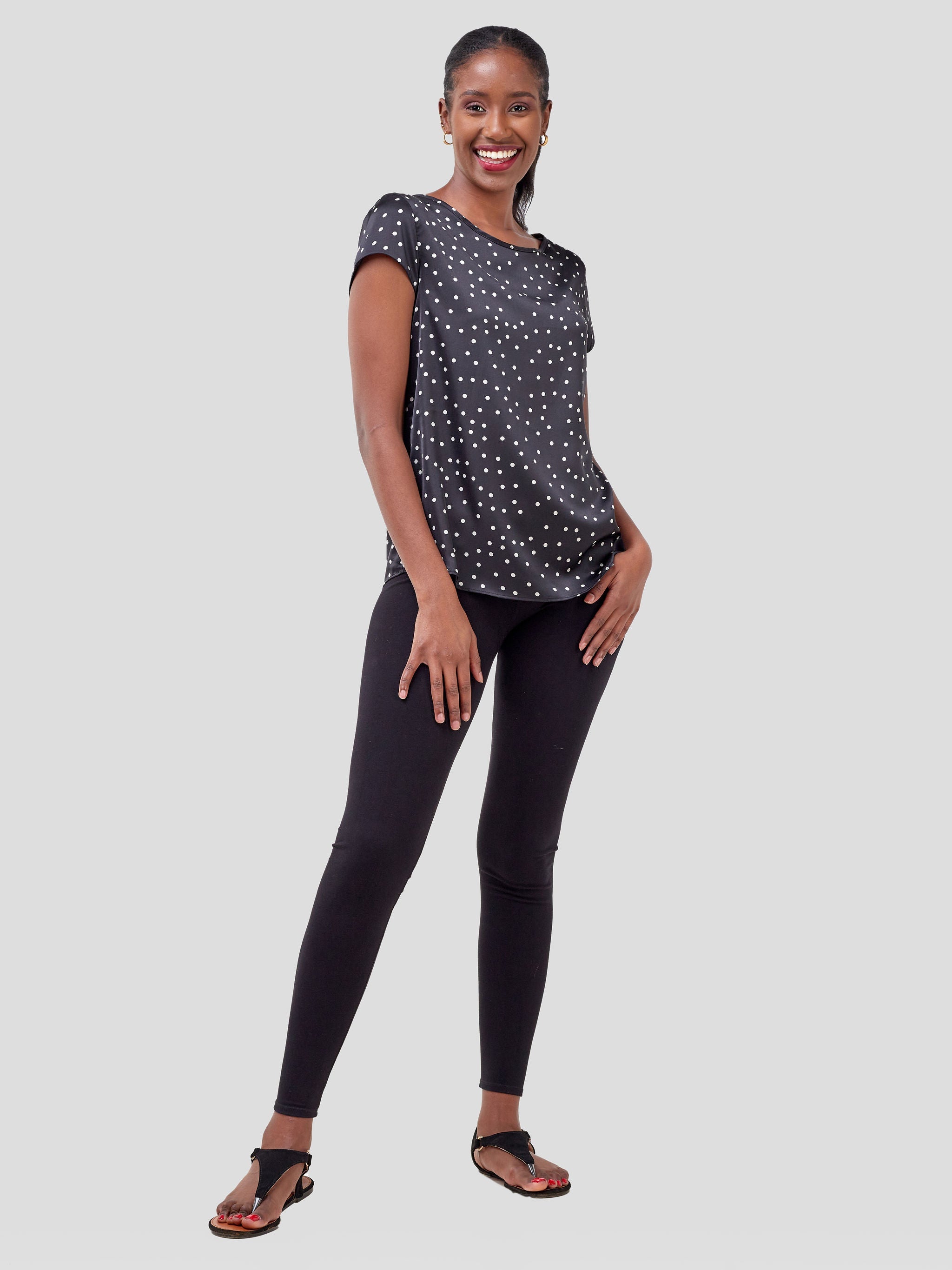 Vivo Basic Satin Cap Sleeve Top - Black Polka Dots