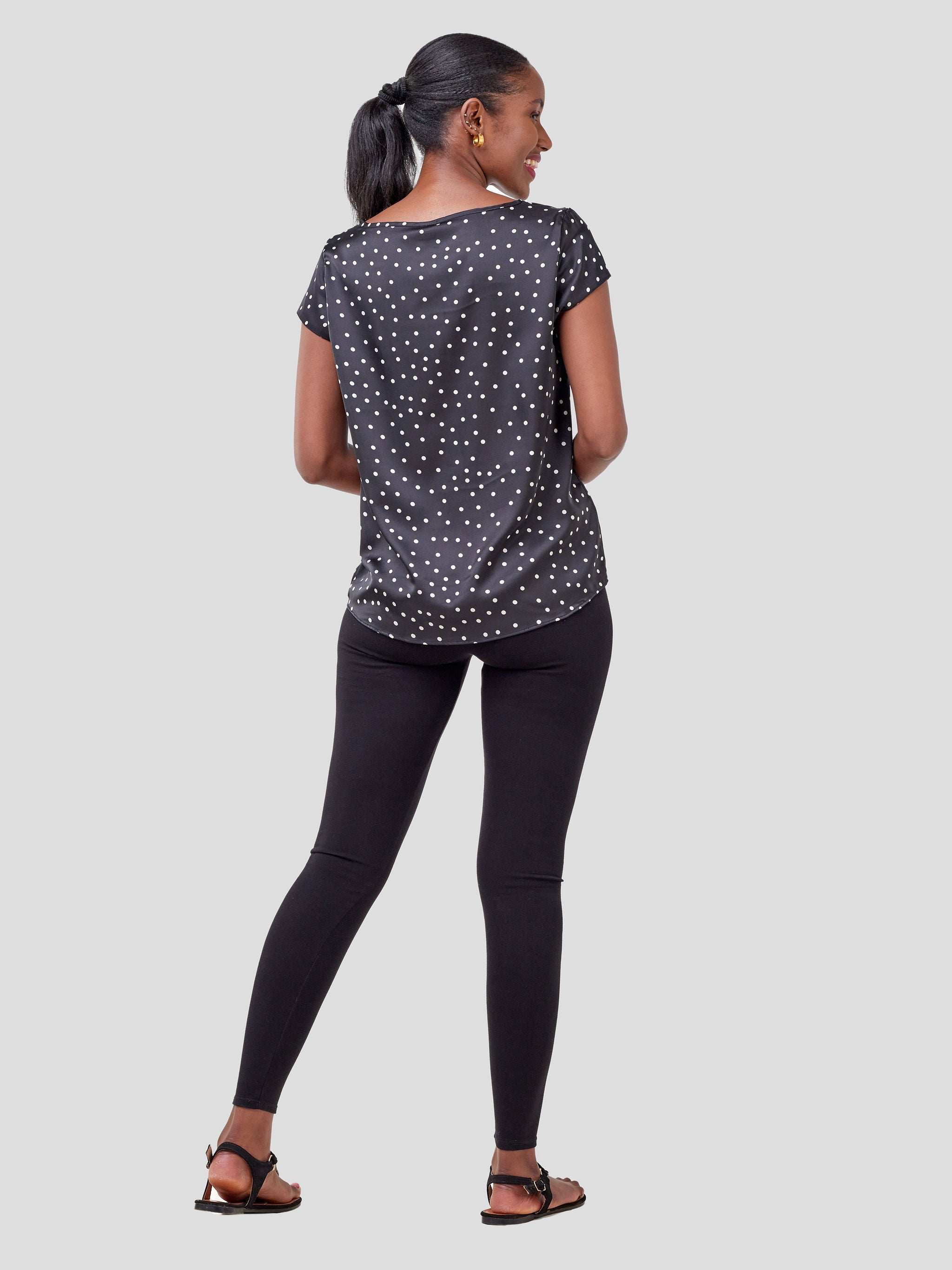 Vivo Basic Satin Cap Sleeve Top - Black Polka Dots