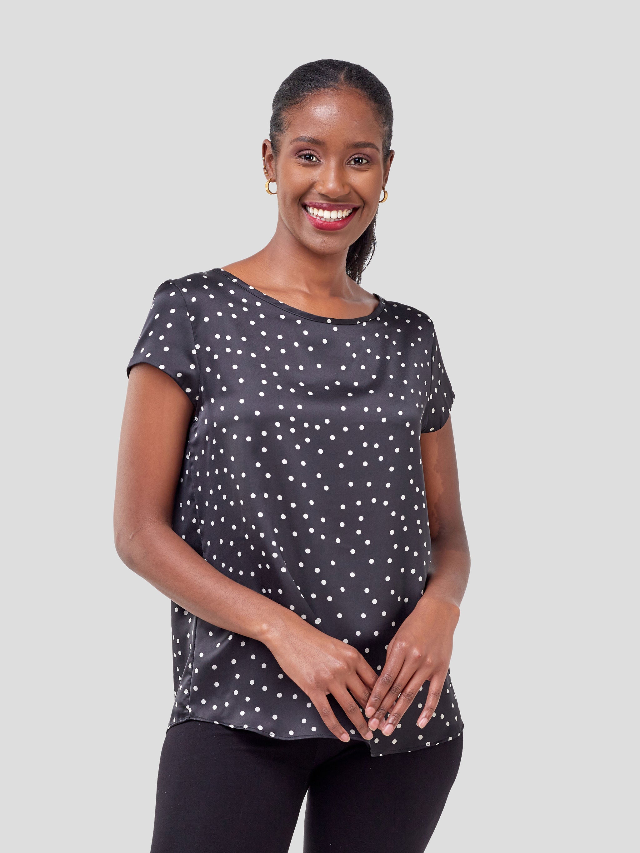 Vivo Basic Satin Cap Sleeve Top - Black Polka Dots