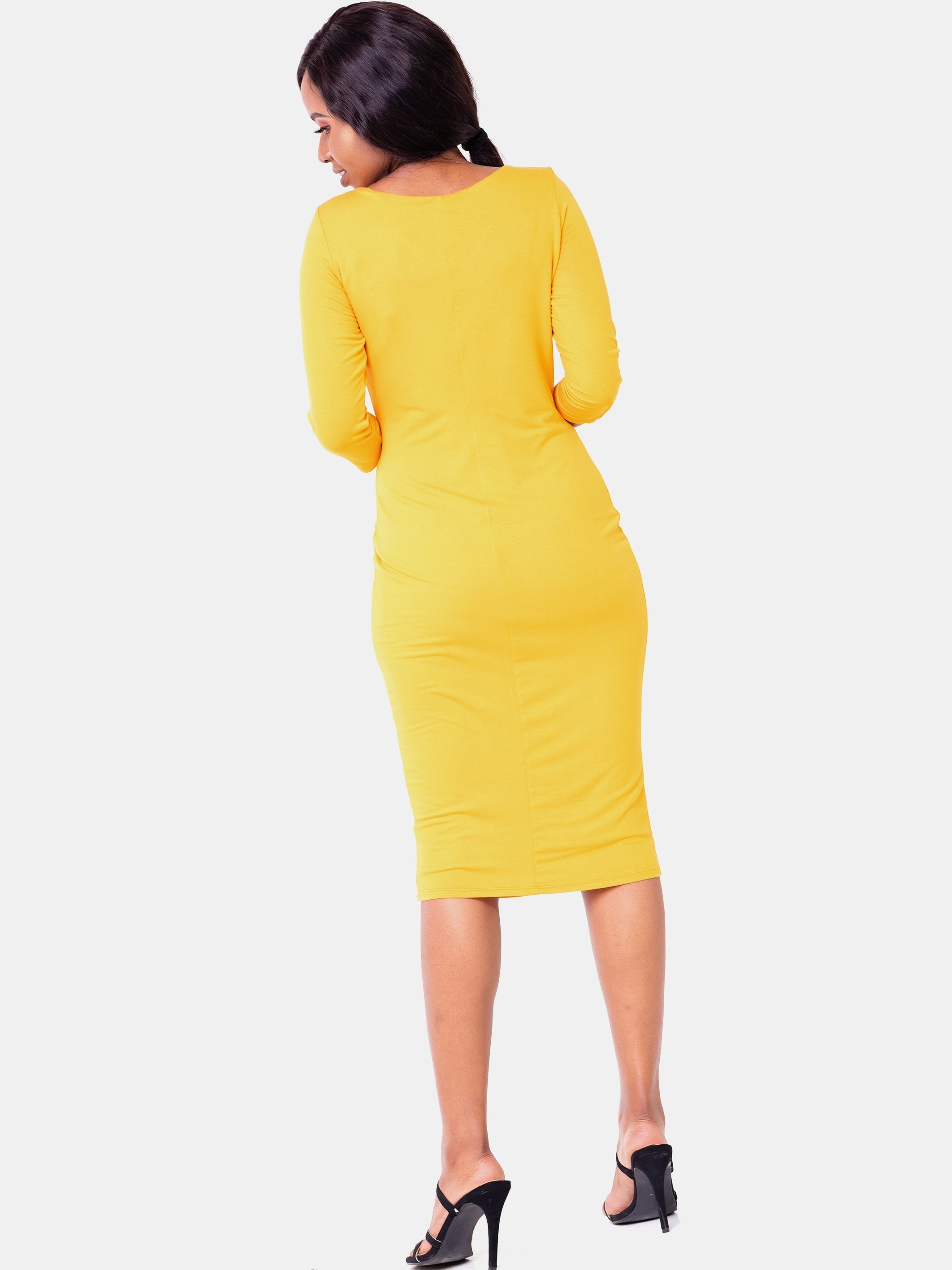 Vivo Basic 3/4 Sleeve Double Layered Bodycon Dress - Mustard