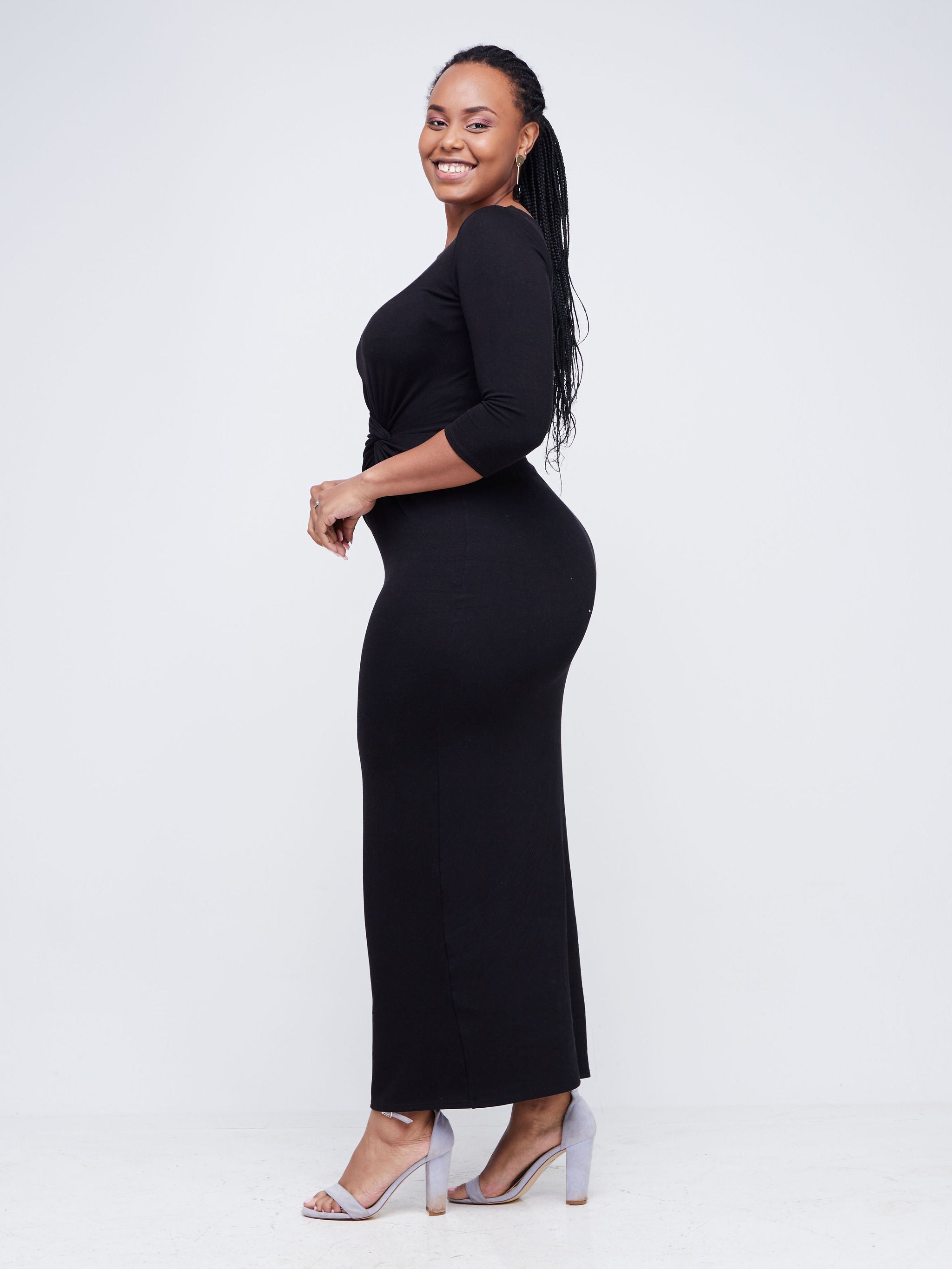 Vivo Bana Front Knot 3/4 Sleeve Maxi Dress - Black