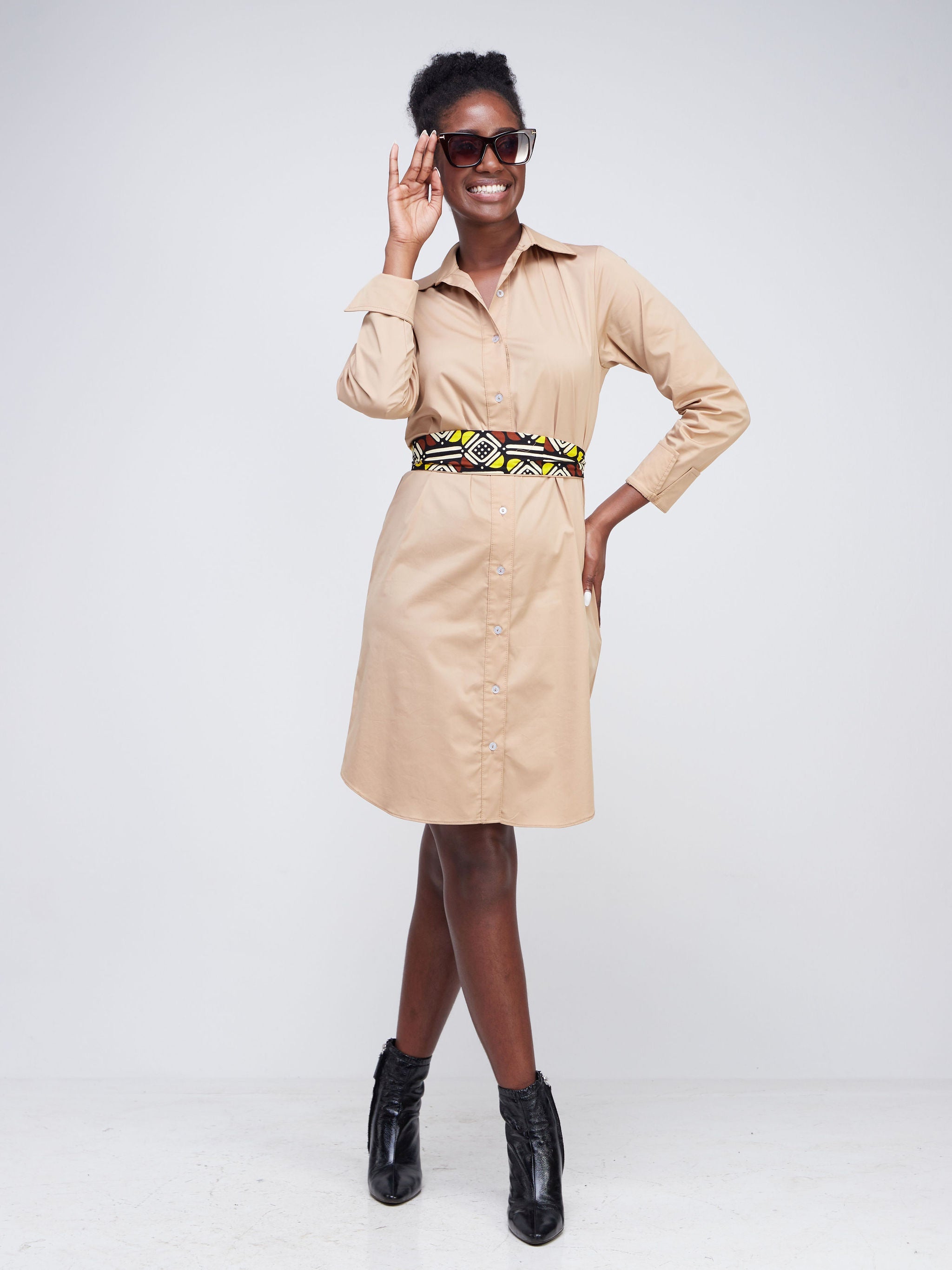 Safari Tawi A-Line Long Sleeve Shirt Dress - Taupe