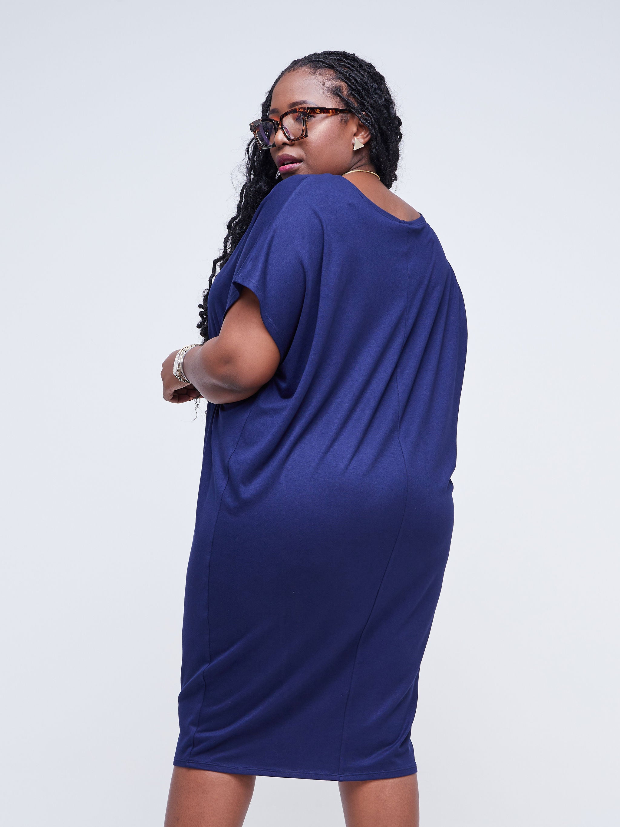 Vivo Basic Drop Shoulder Dolman Dress - Navy Blue