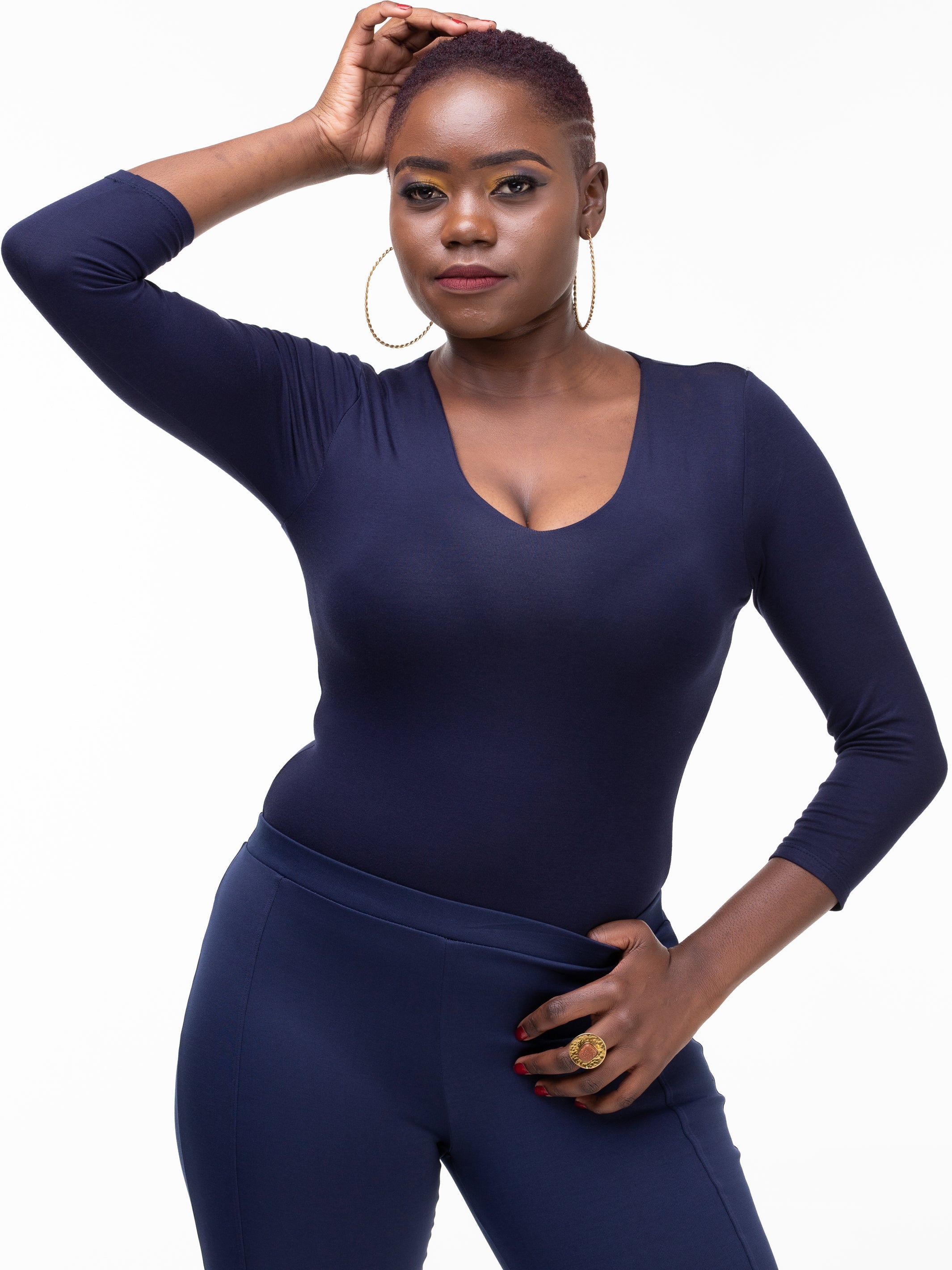 Vivo Basic 3/4 Sleeved Double Layered Bodysuit - Navy Blue